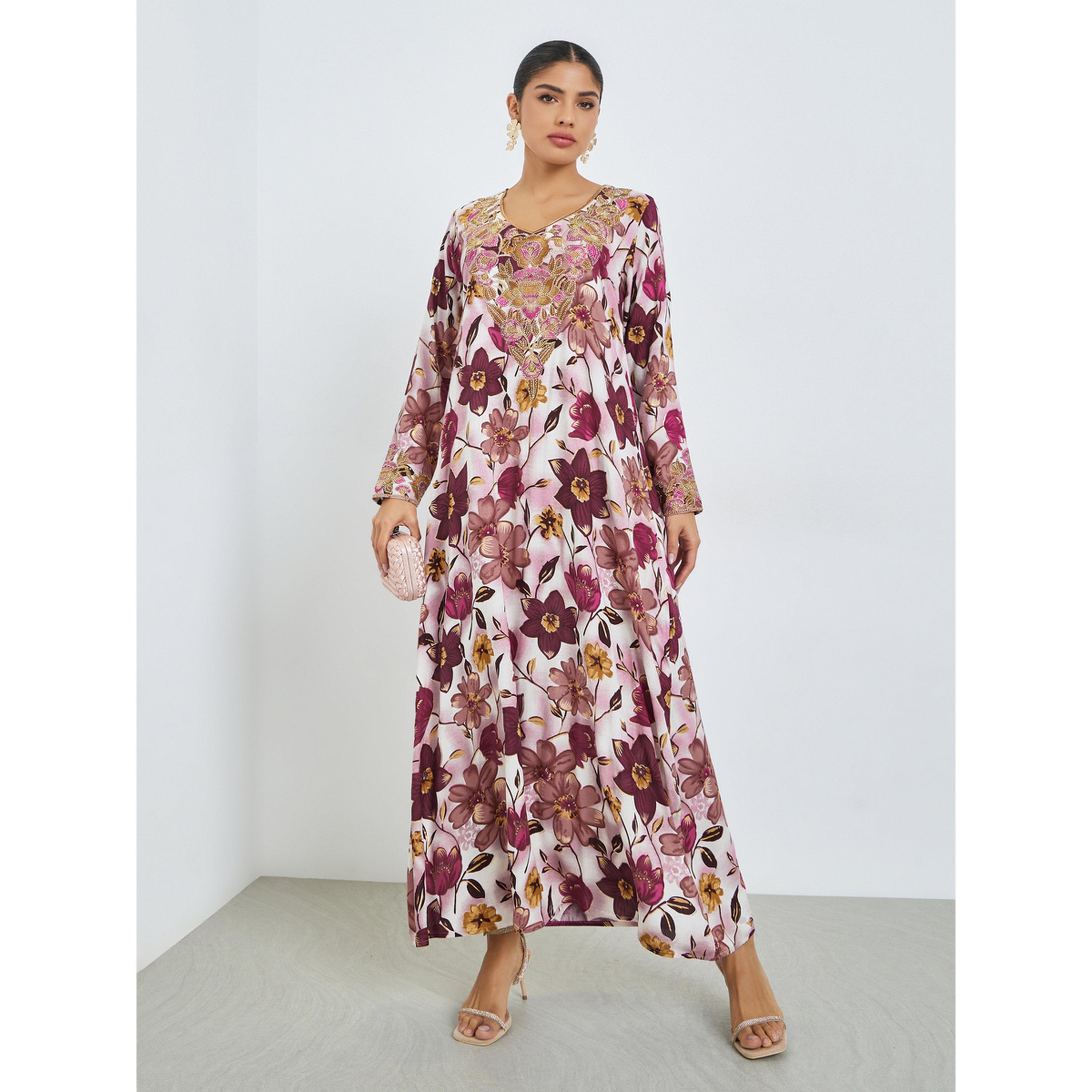 Styli Pink Floral Print Mukhawar Jalabiya-women-arabicclothing-jalabiyas-image-1