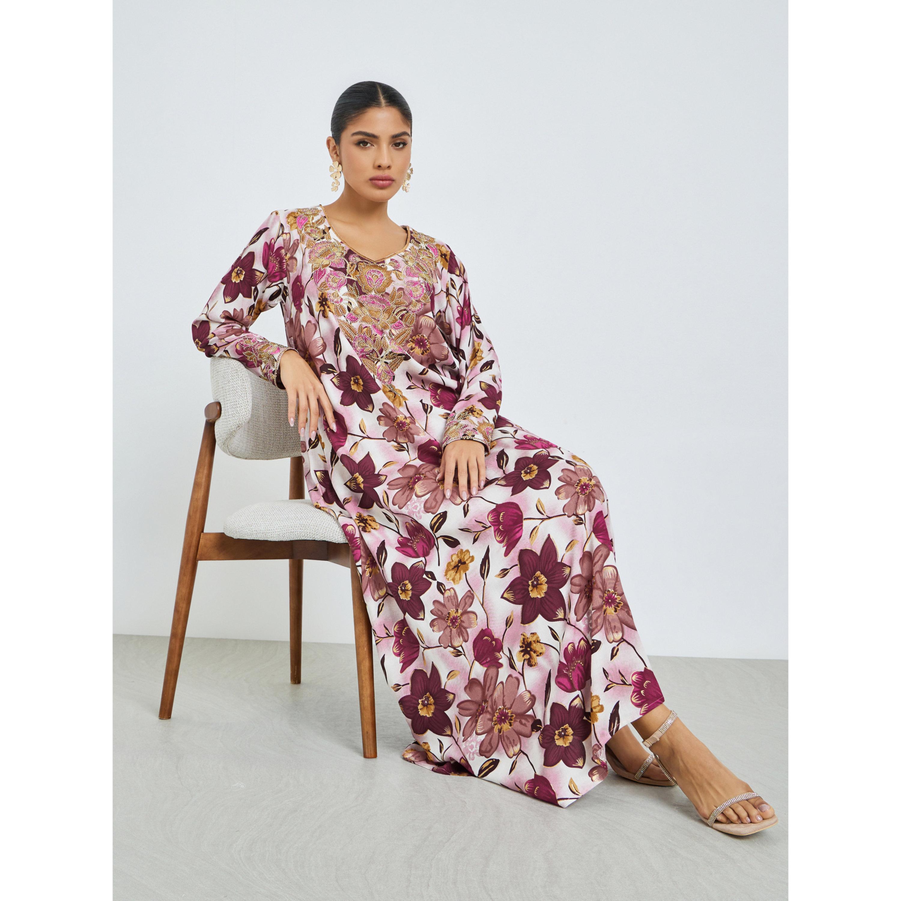 Styli Pink Floral Print Mukhawar Jalabiya-women-arabicclothing-jalabiyas-image-2
