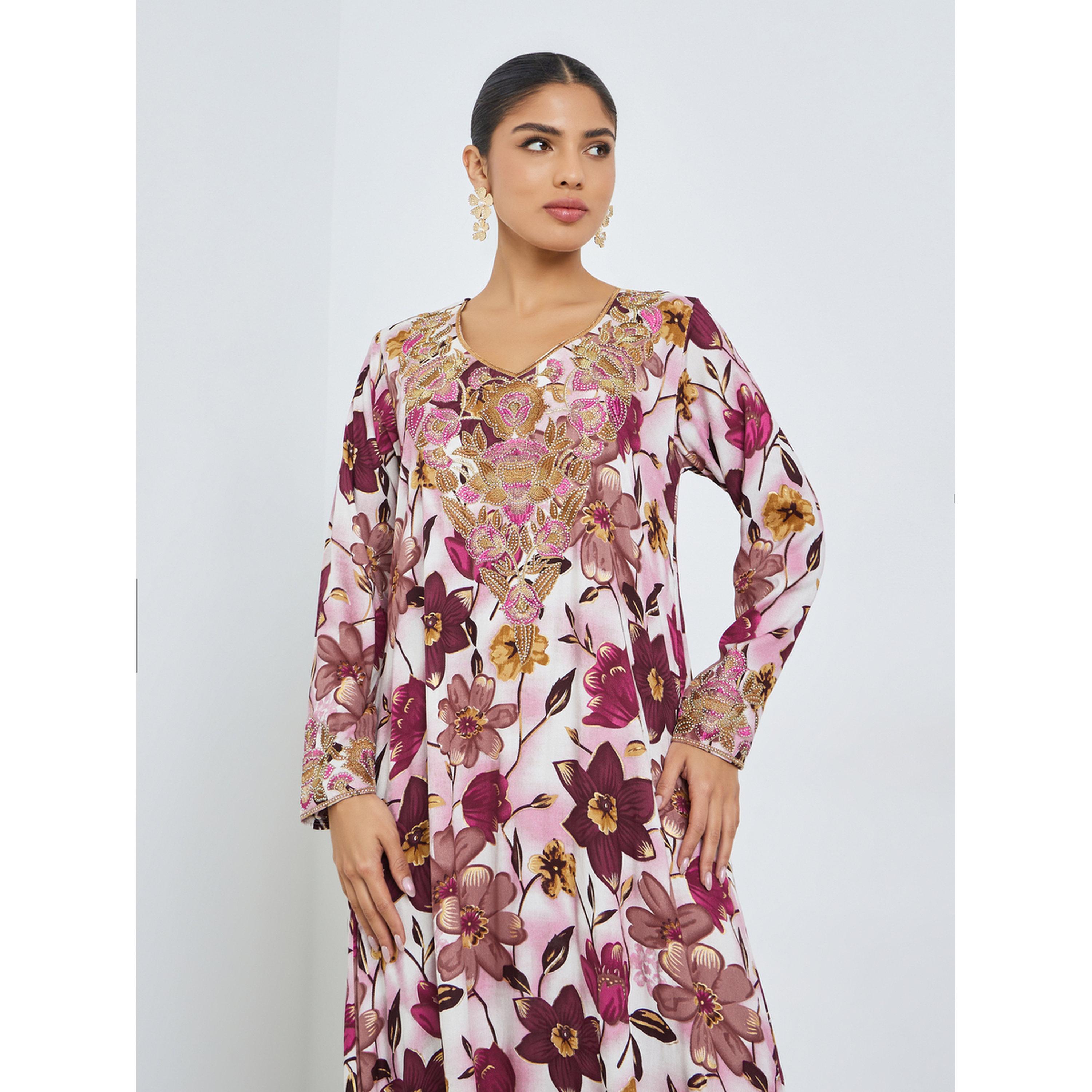 Styli Pink Floral Print Mukhawar Jalabiya-women-arabicclothing-jalabiyas-image-3