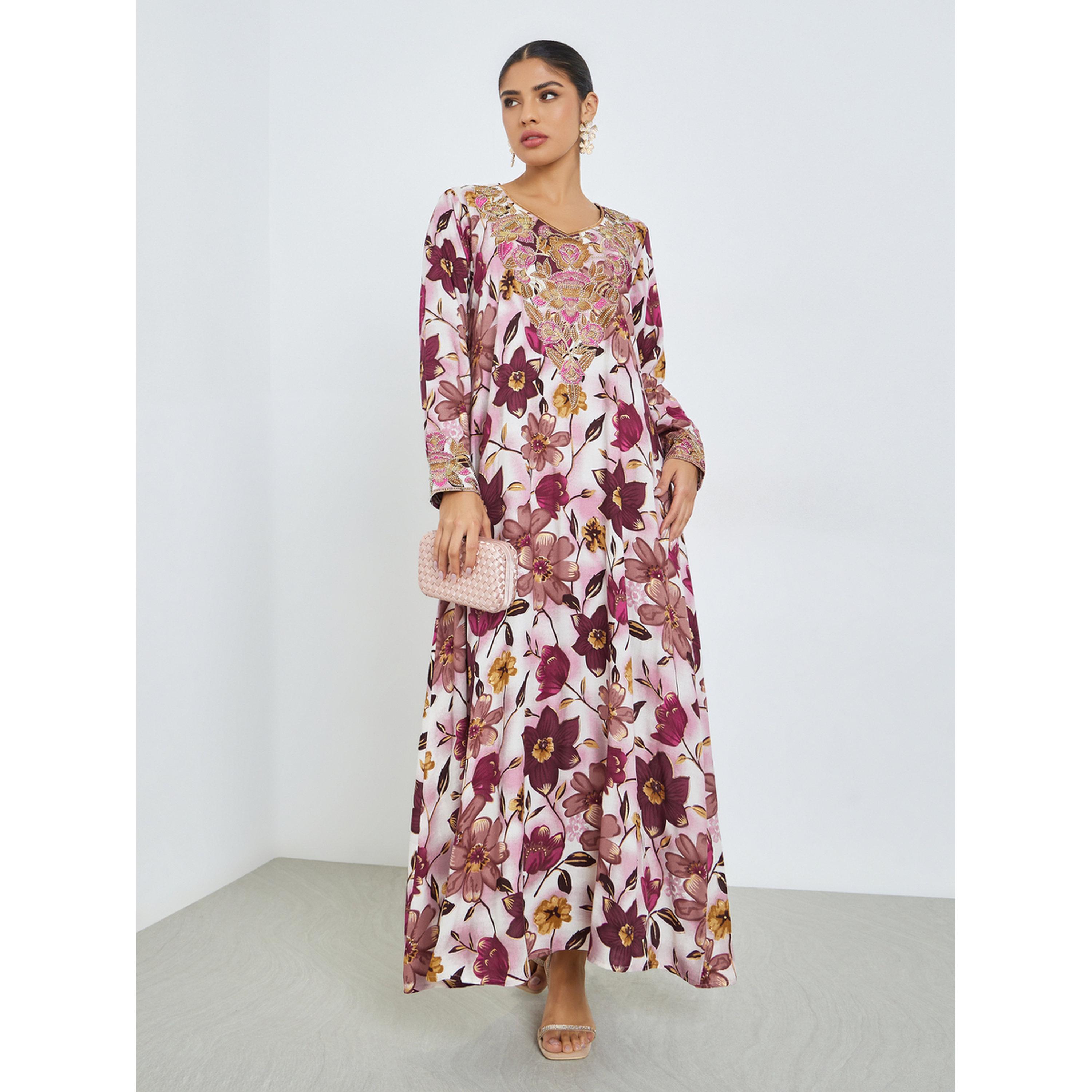 Styli Pink Floral Print Mukhawar Jalabiya-women-arabicclothing-jalabiyas-image-4