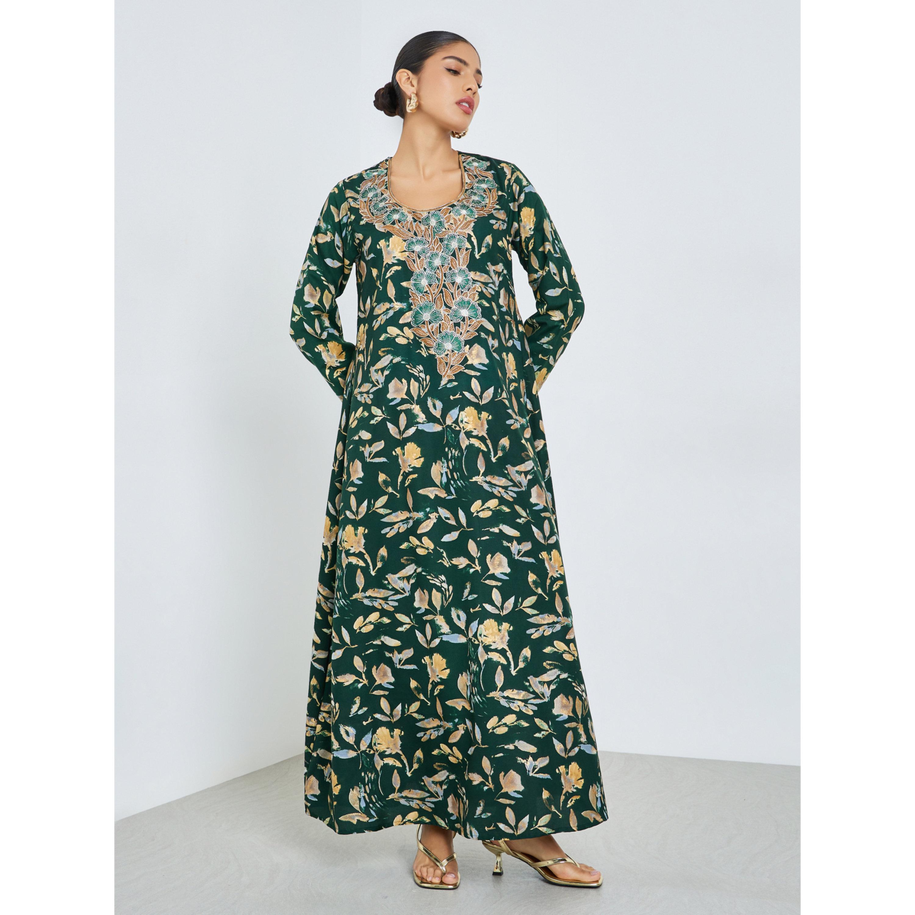 Styli Green Floral Print Mukhawar Jalabiya-women-arabicclothing-jalabiyas-image-3