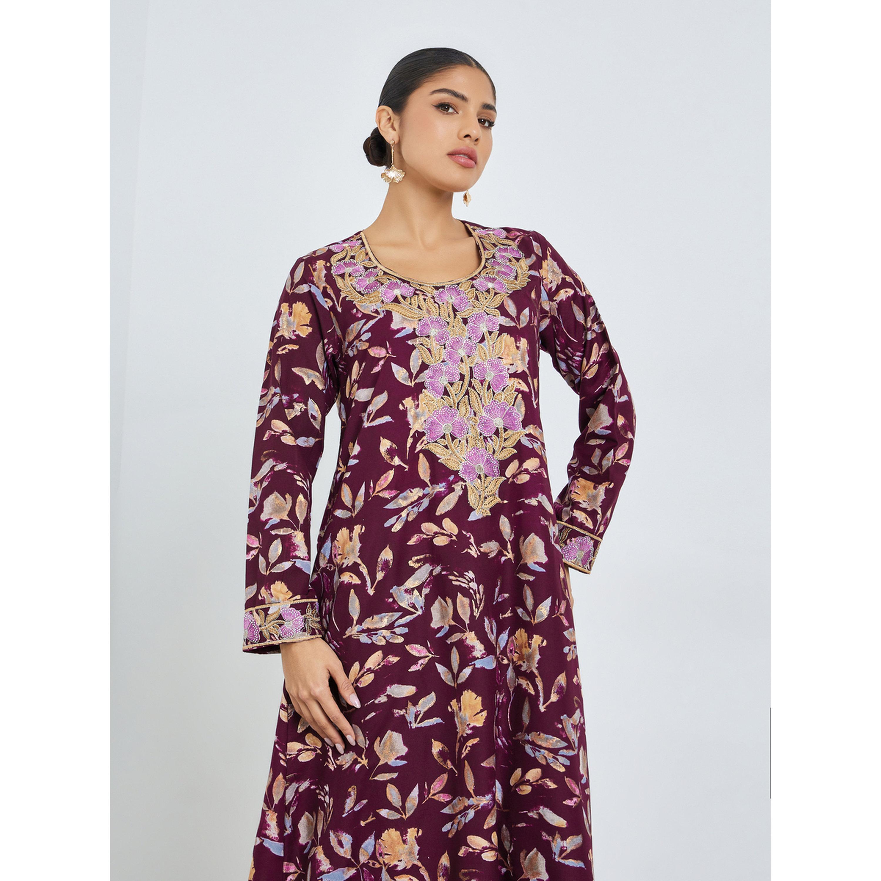 Styli Maroon Floral Print Mukhawar Jalabiya-women-arabicclothing-jalabiyas-image-2