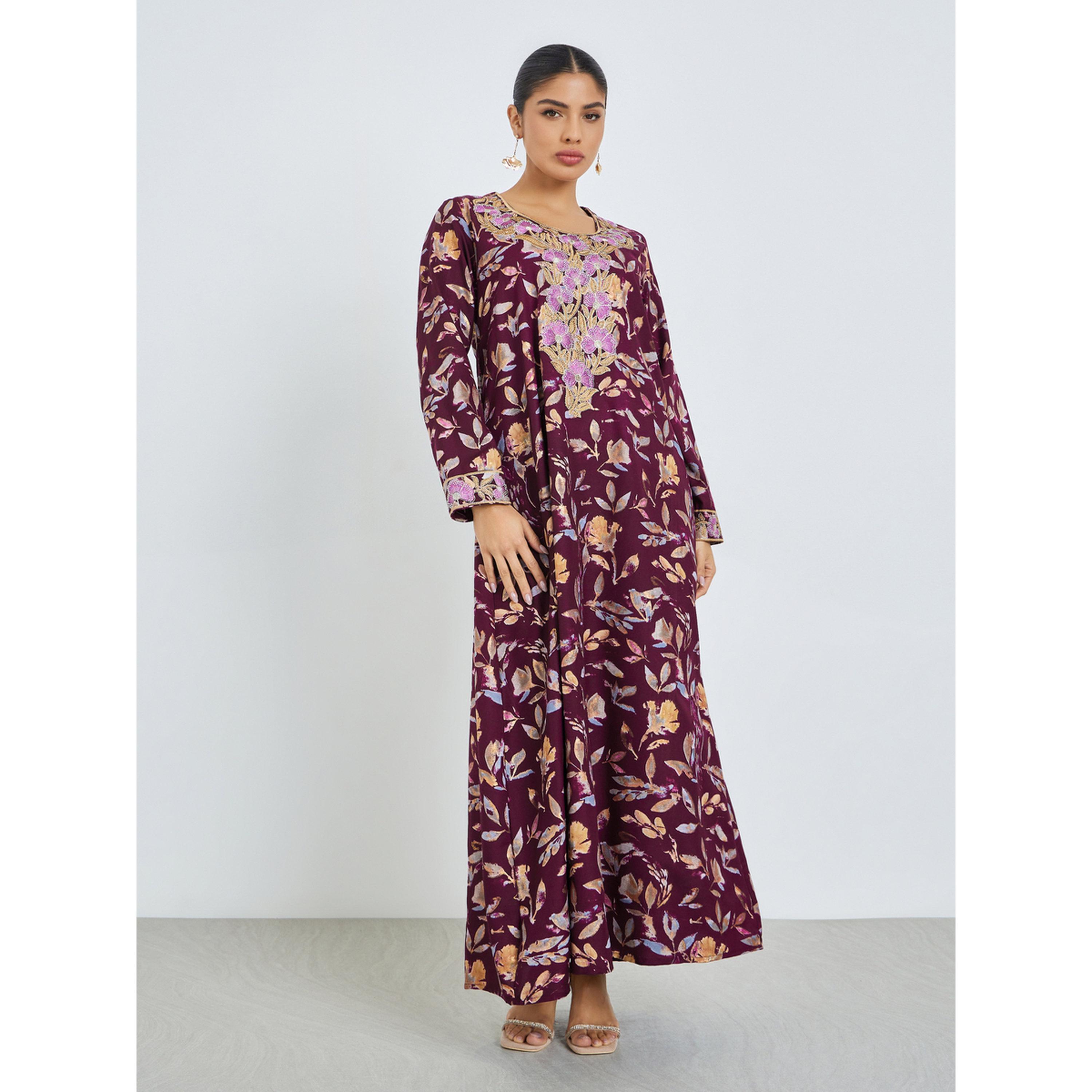 Styli Maroon Floral Print Mukhawar Jalabiya-women-arabicclothing-jalabiyas-image-3