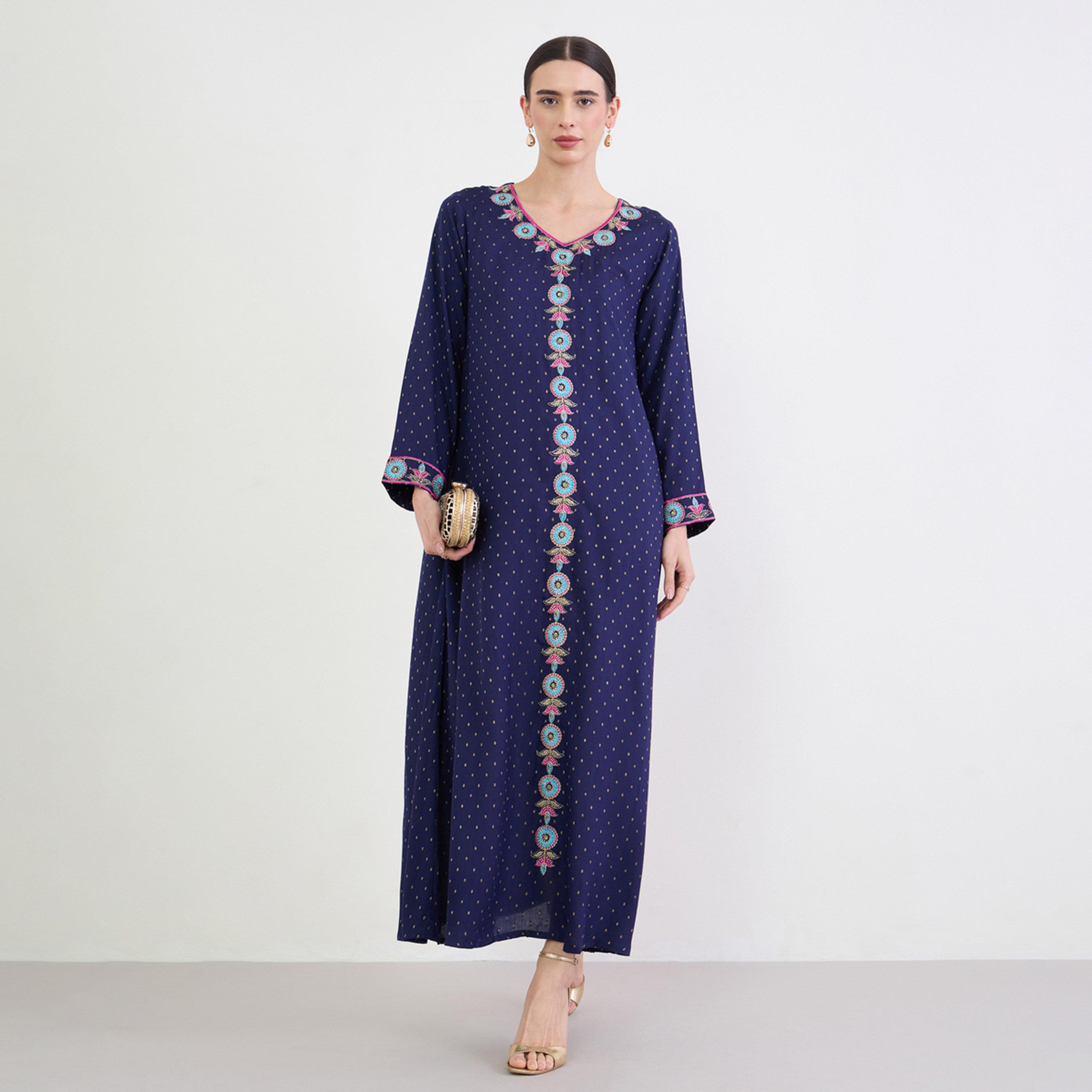 Amirah X Styli Navy Blue Floral Embroidered A-Line  Jalabiya-women-arabicclothing-jalabiyas-image-1