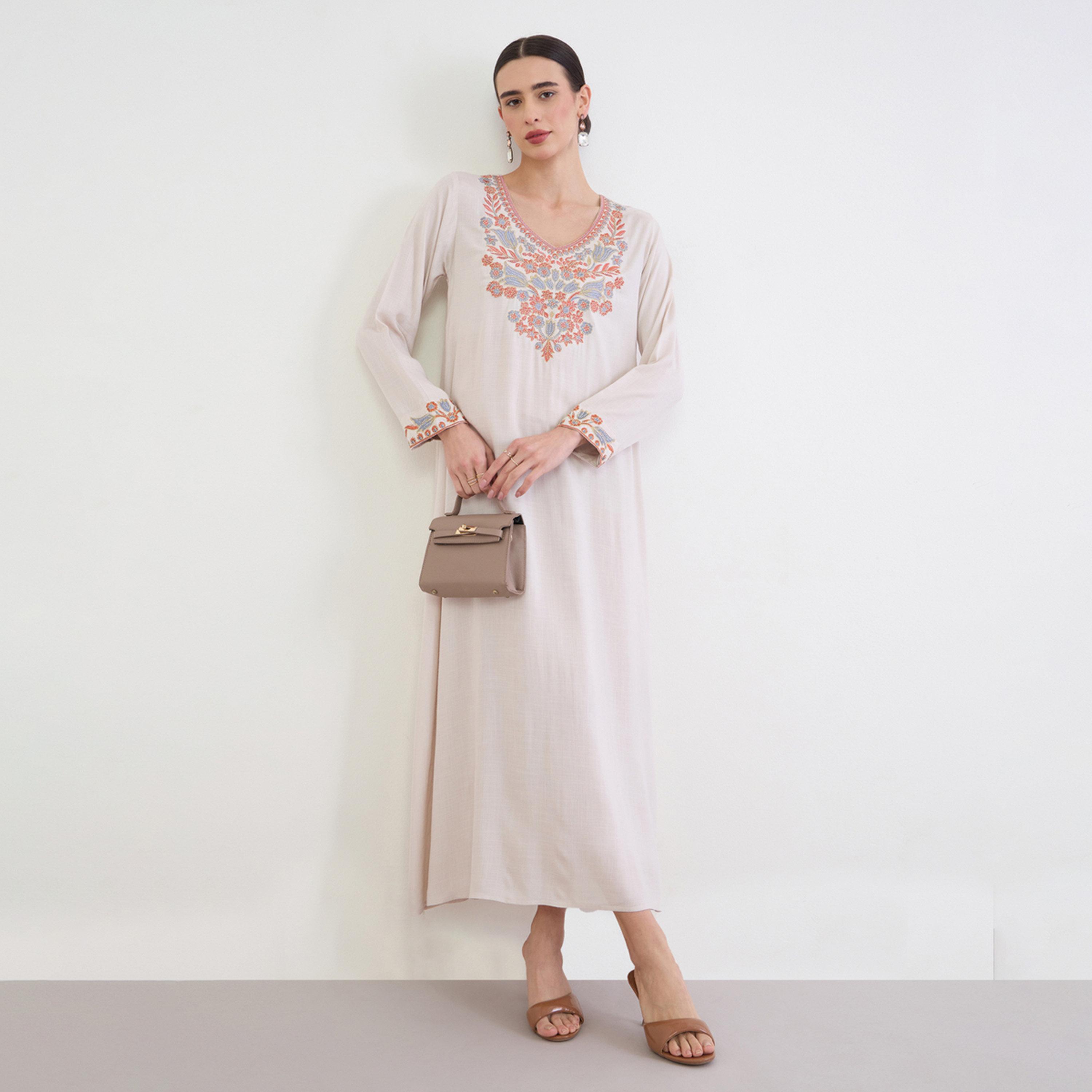 Amirah X Styli Beige Floral Embroidered A-Line Jalabiya-women-arabicclothing-jalabiyas-image-1