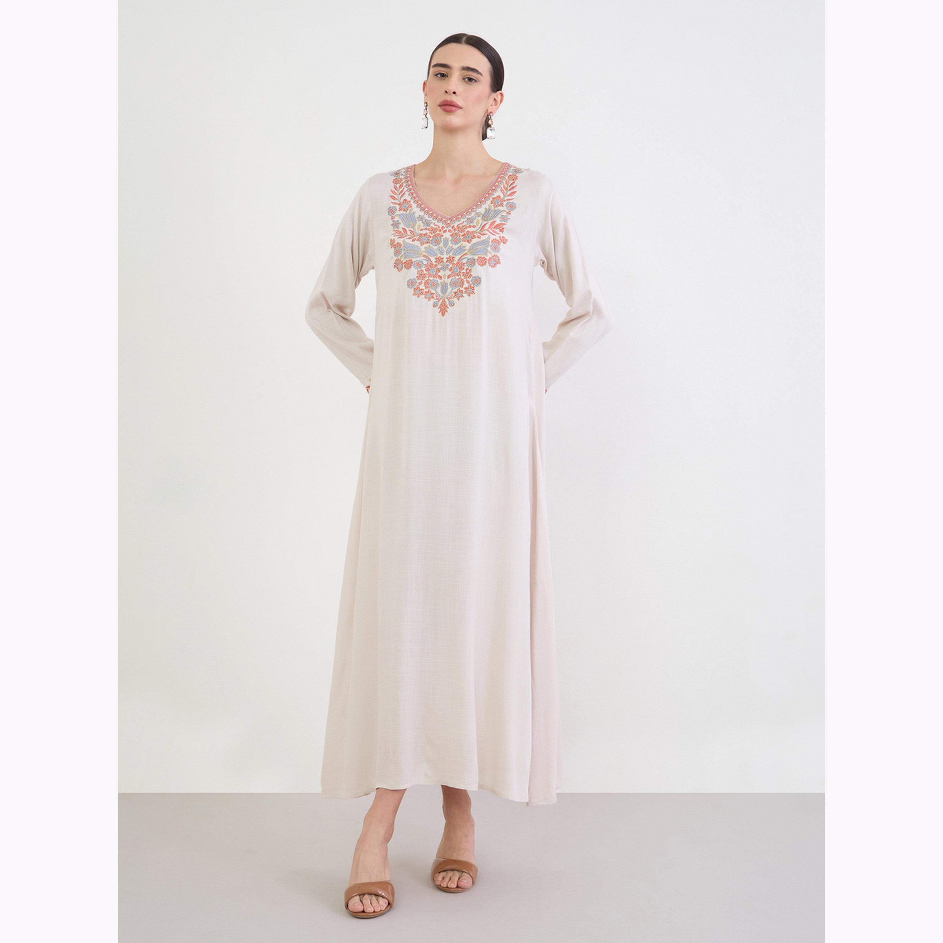 Amirah X Styli Beige Floral Embroidered A-Line Jalabiya-women-arabicclothing-jalabiyas-image-2