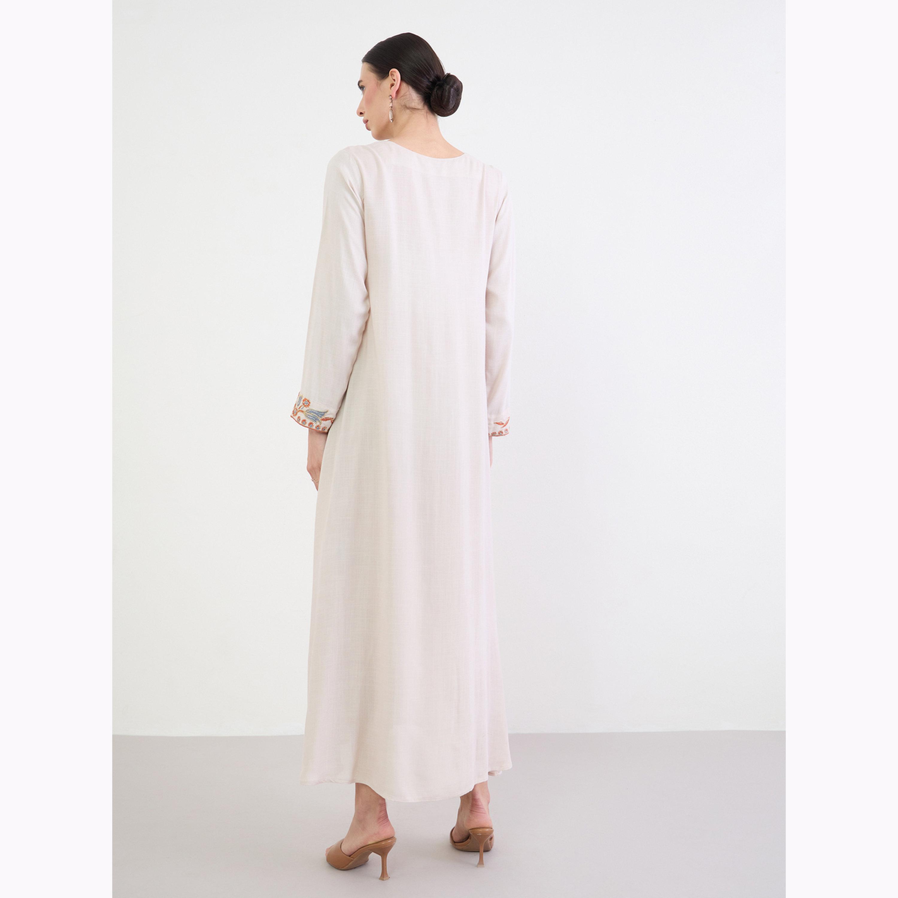 Amirah X Styli Beige Floral Embroidered A-Line Jalabiya-women-arabicclothing-jalabiyas-image-4