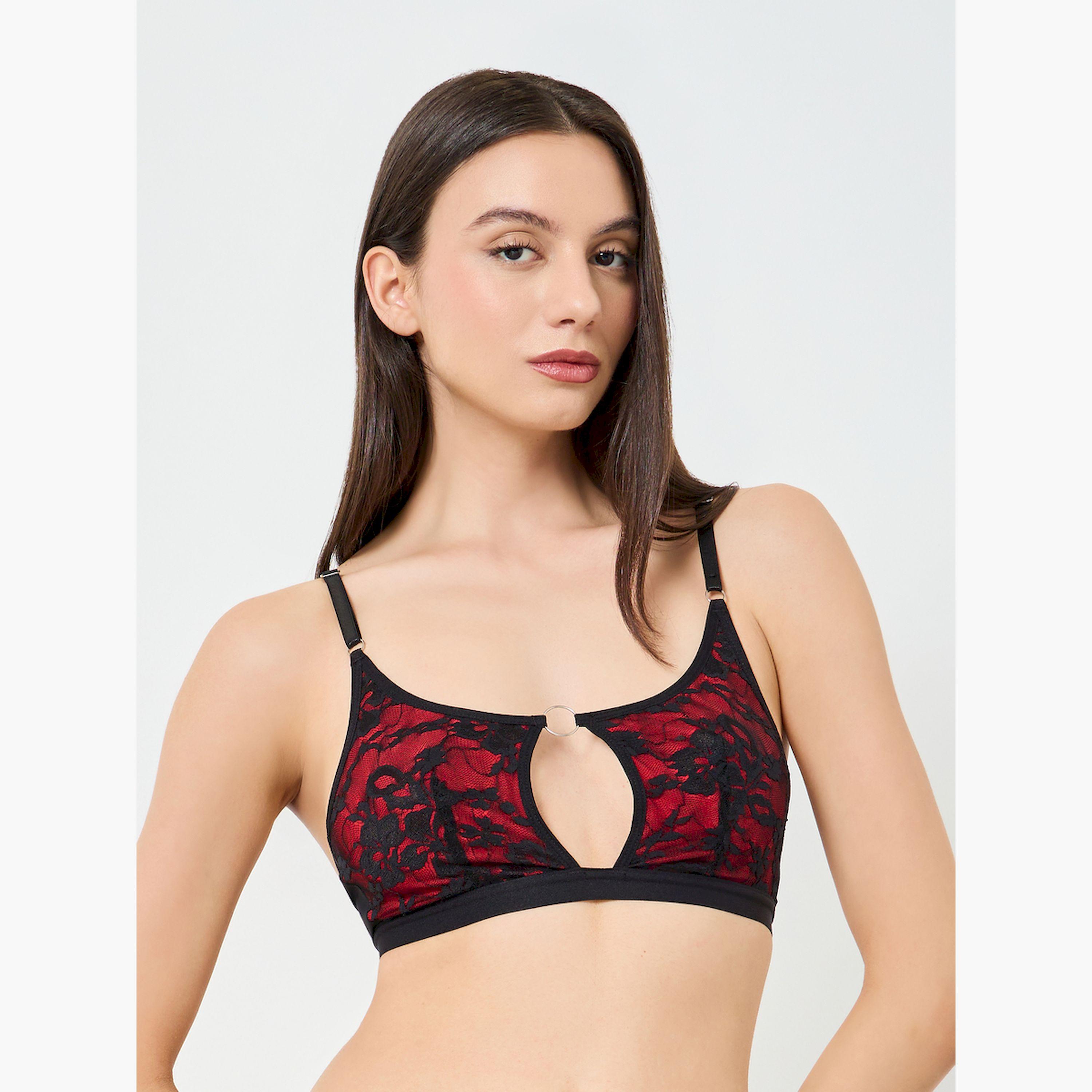 Take Two Black Contrast Red Lace Cut Out Padded Non Wired Bra-women-clothing-lingerie-bras-image-1