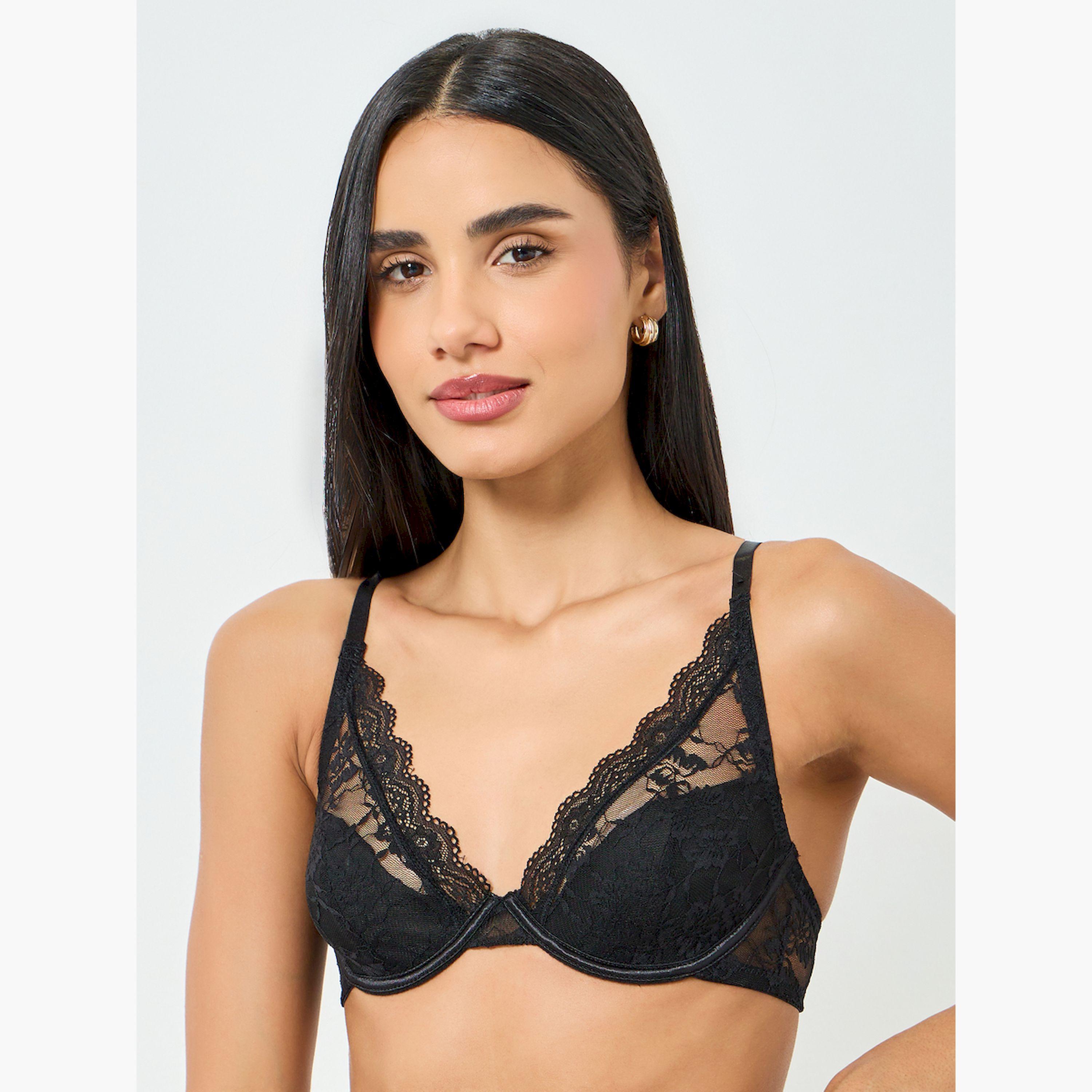 Take Two Black Solid Lace Patchwork Padded Wired Bra-women-clothing-lingerie-bras-image-1