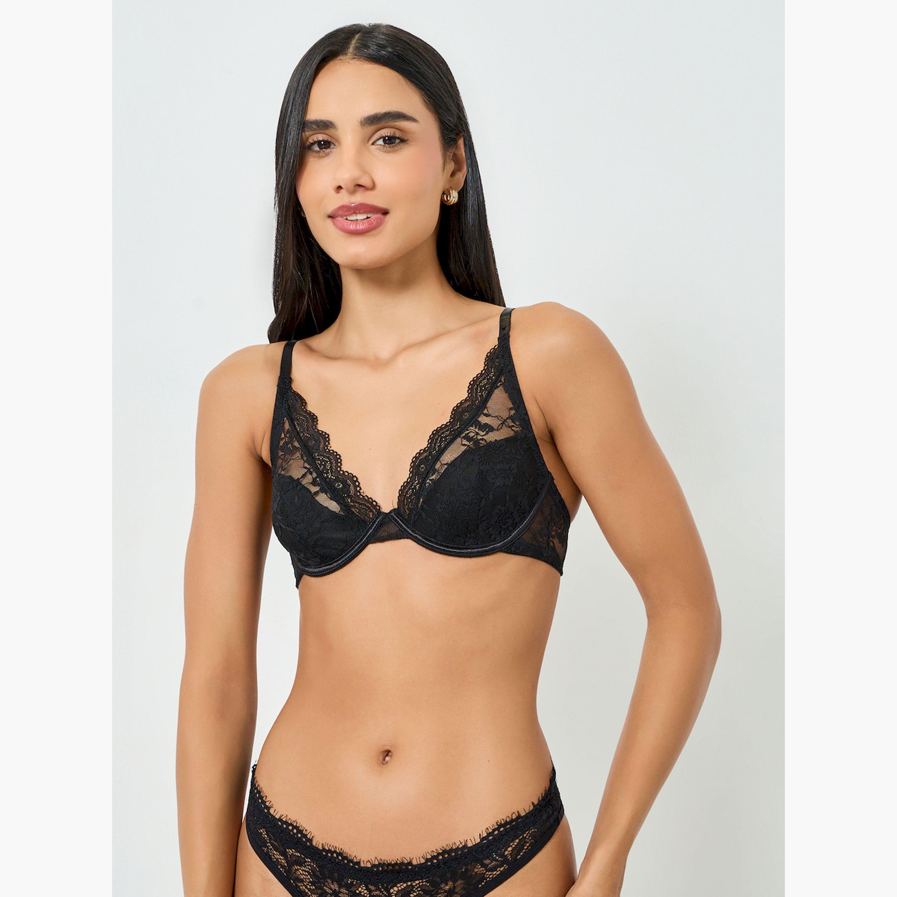 Take Two Black Solid Lace Patchwork Padded Wired Bra-women-clothing-lingerie-bras-image-2