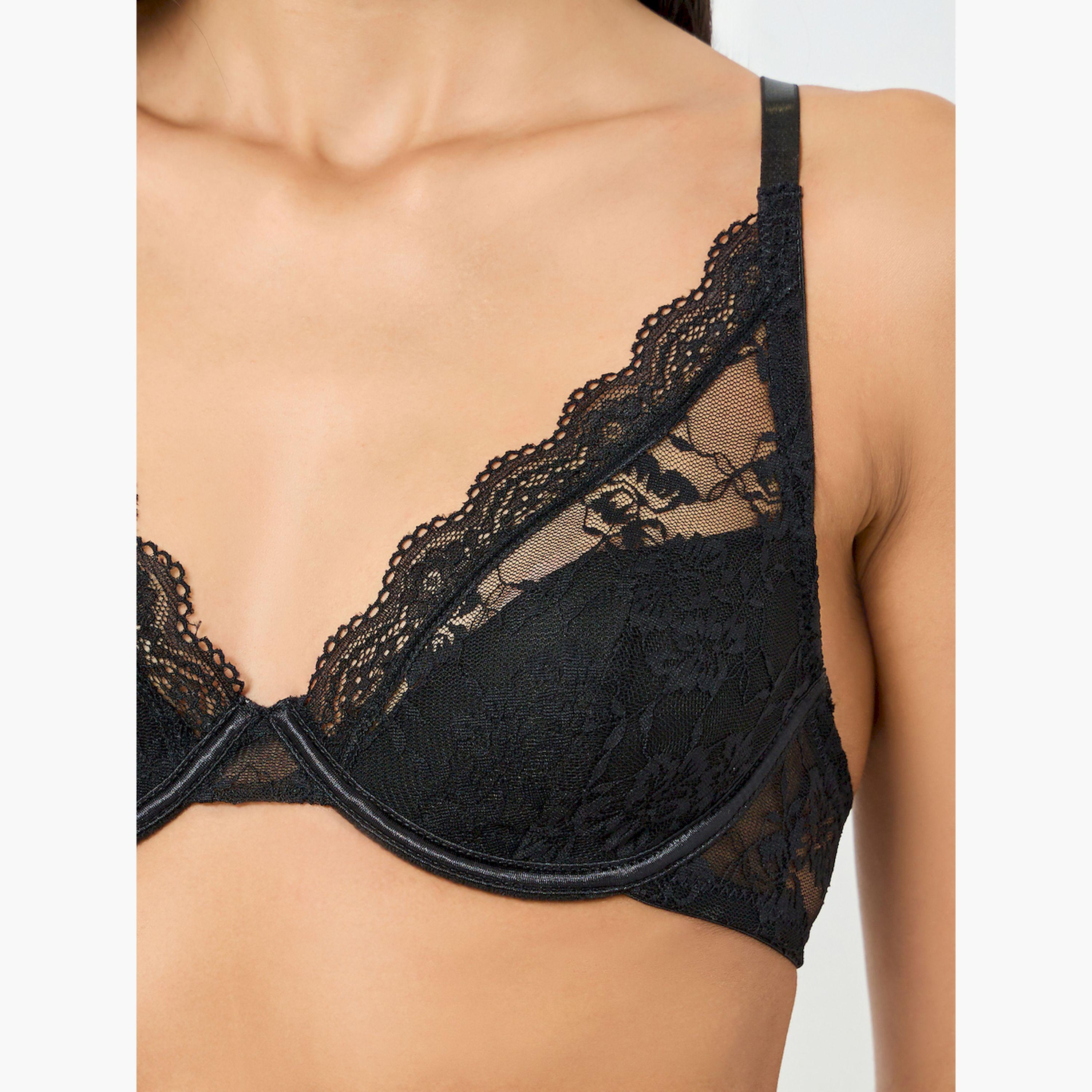 Take Two Black Solid Lace Patchwork Padded Wired Bra-women-clothing-lingerie-bras-image-3
