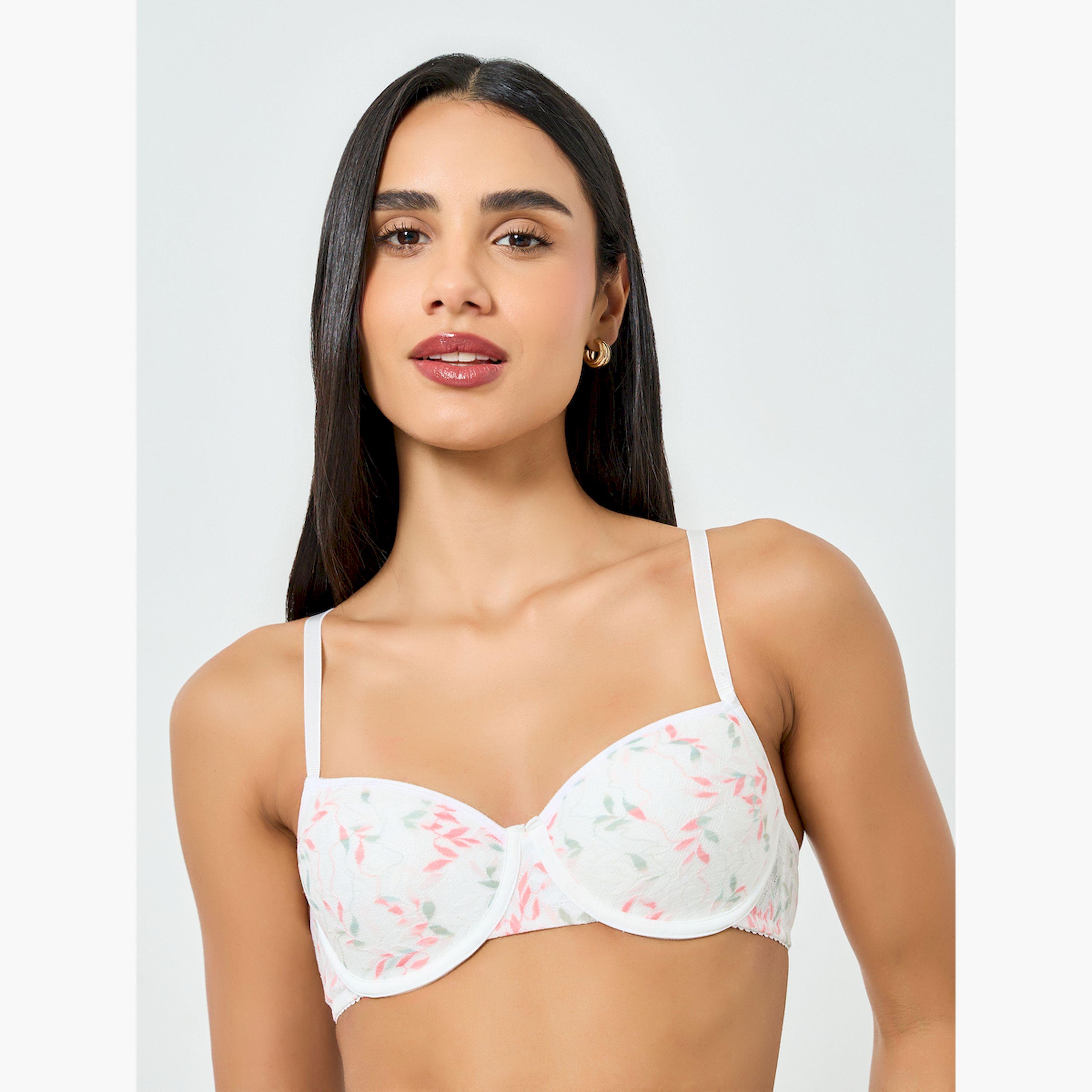 Take Two White Leaf Pattern Lace Trim Padded Wired Bra-women-clothing-lingerie-bras-image-1