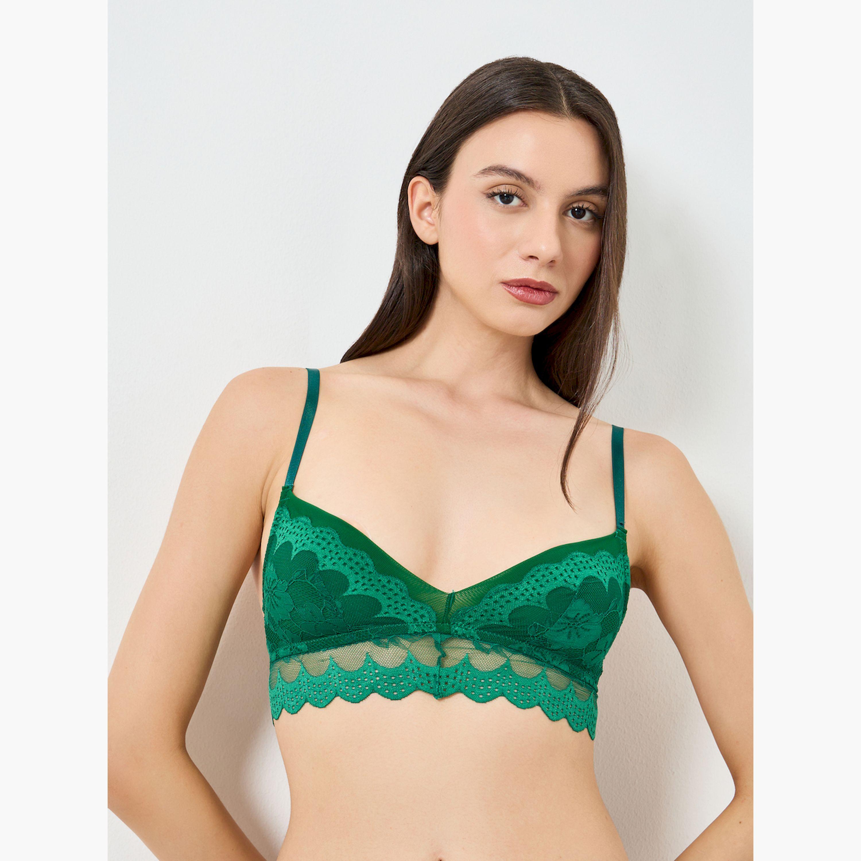 Take Two Green Lace Patchwork Padded Non Wired Bra-women-clothing-lingerie-bras-image-1