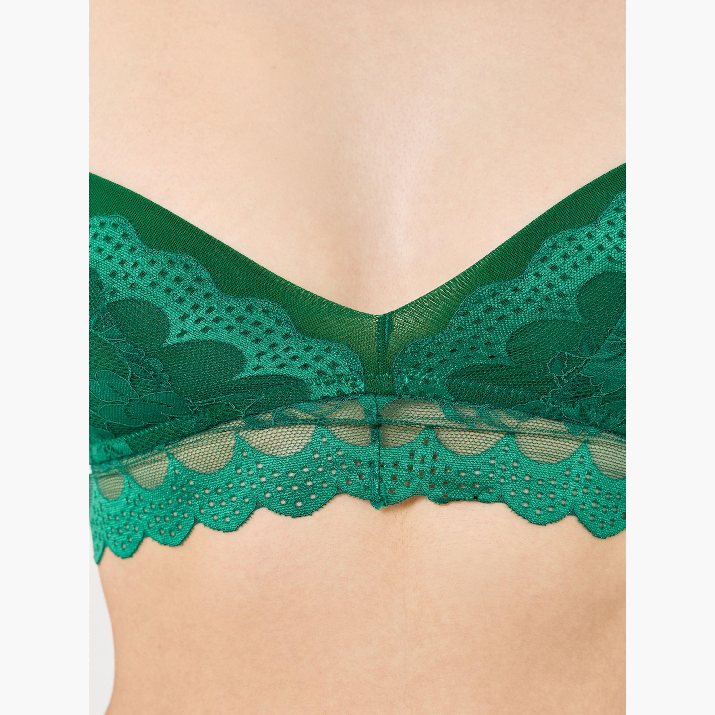Take Two Green Lace Patchwork Padded Non Wired Bra-women-clothing-lingerie-bras-image-2