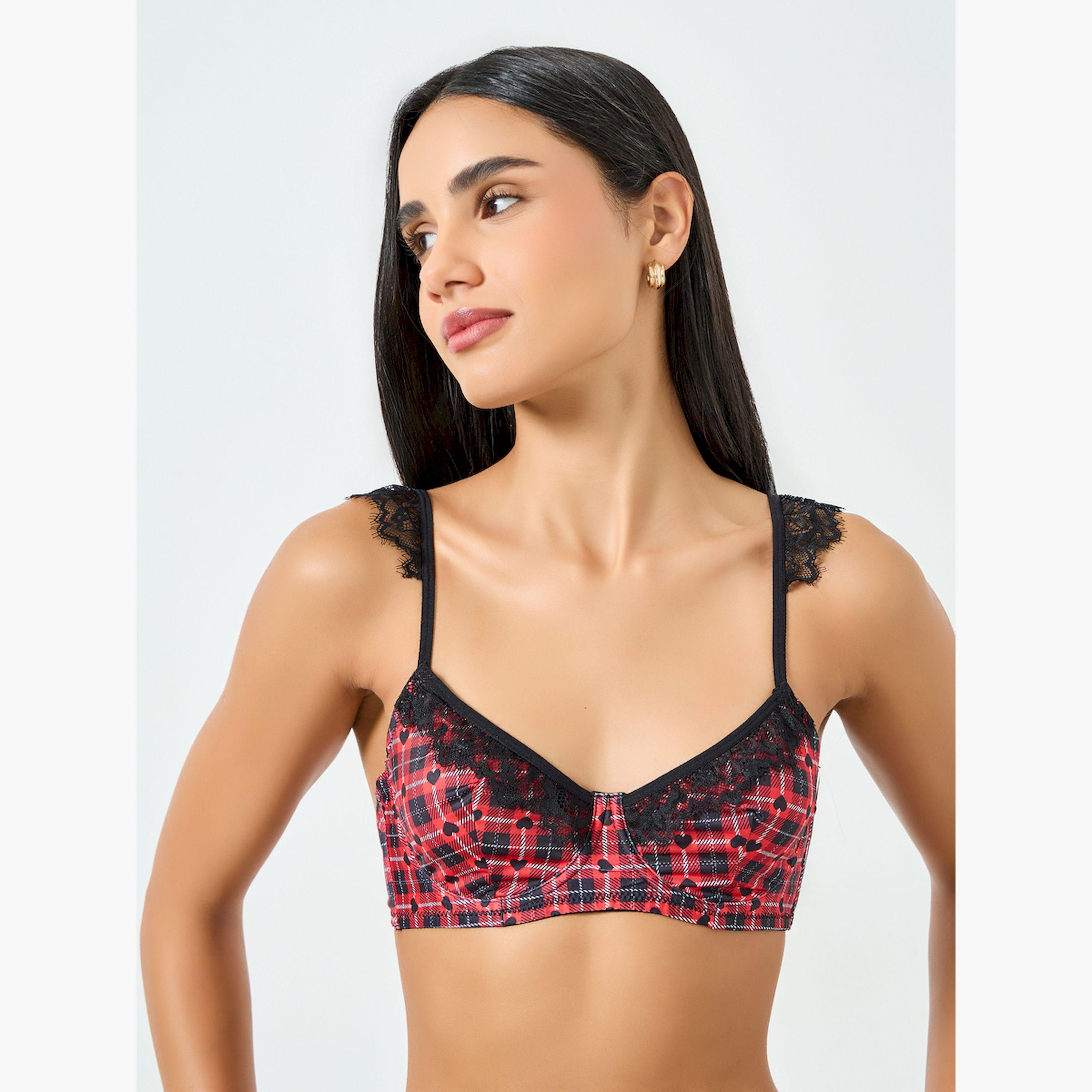 مجموعة من سراويل داخلية وصدرية دانتيل بأسلاك وحشوة ونمط كاروهات-women-clothing-lingerie-lingeriesets-image-2