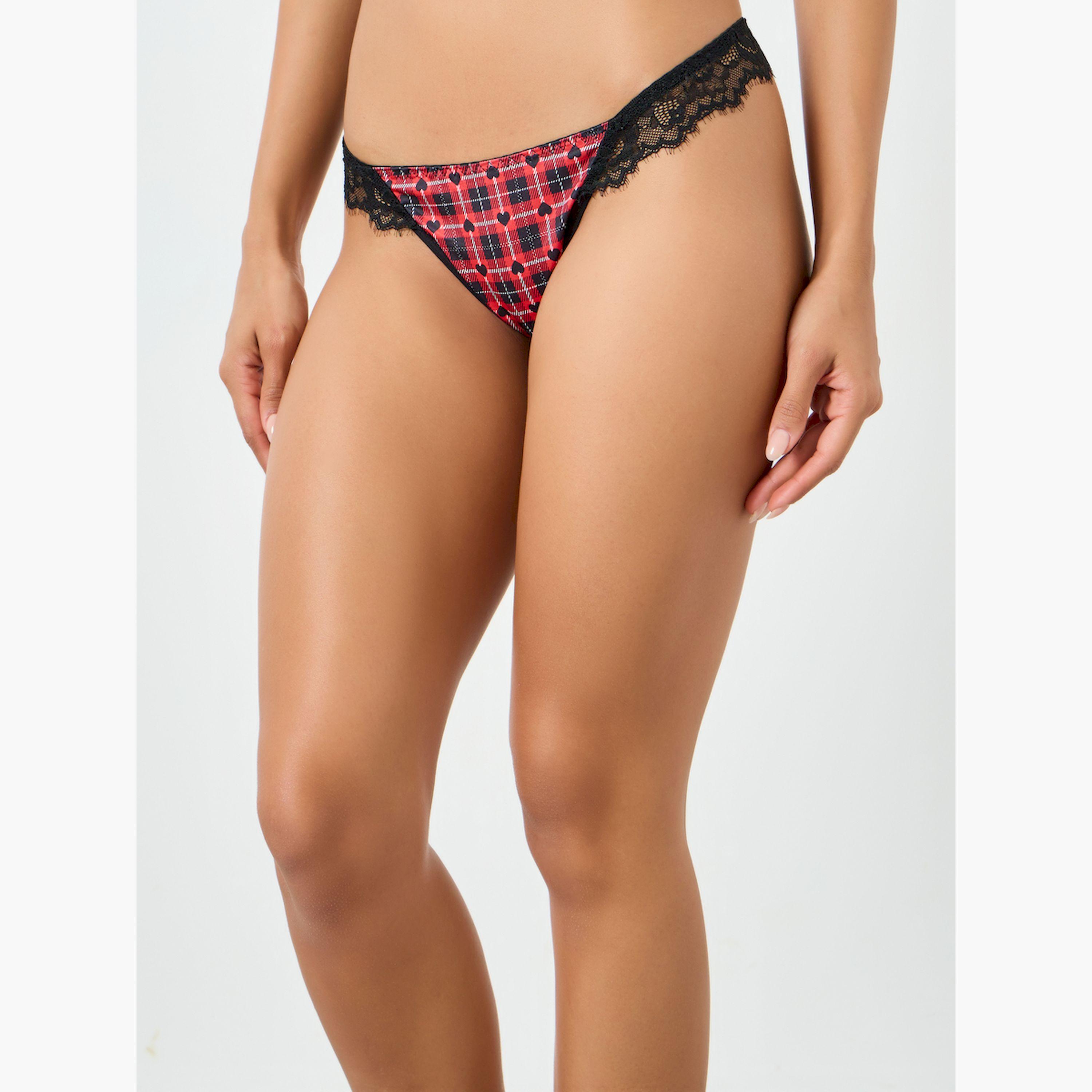 مجموعة من سراويل داخلية وصدرية دانتيل بأسلاك وحشوة ونمط كاروهات-women-clothing-lingerie-lingeriesets-image-4