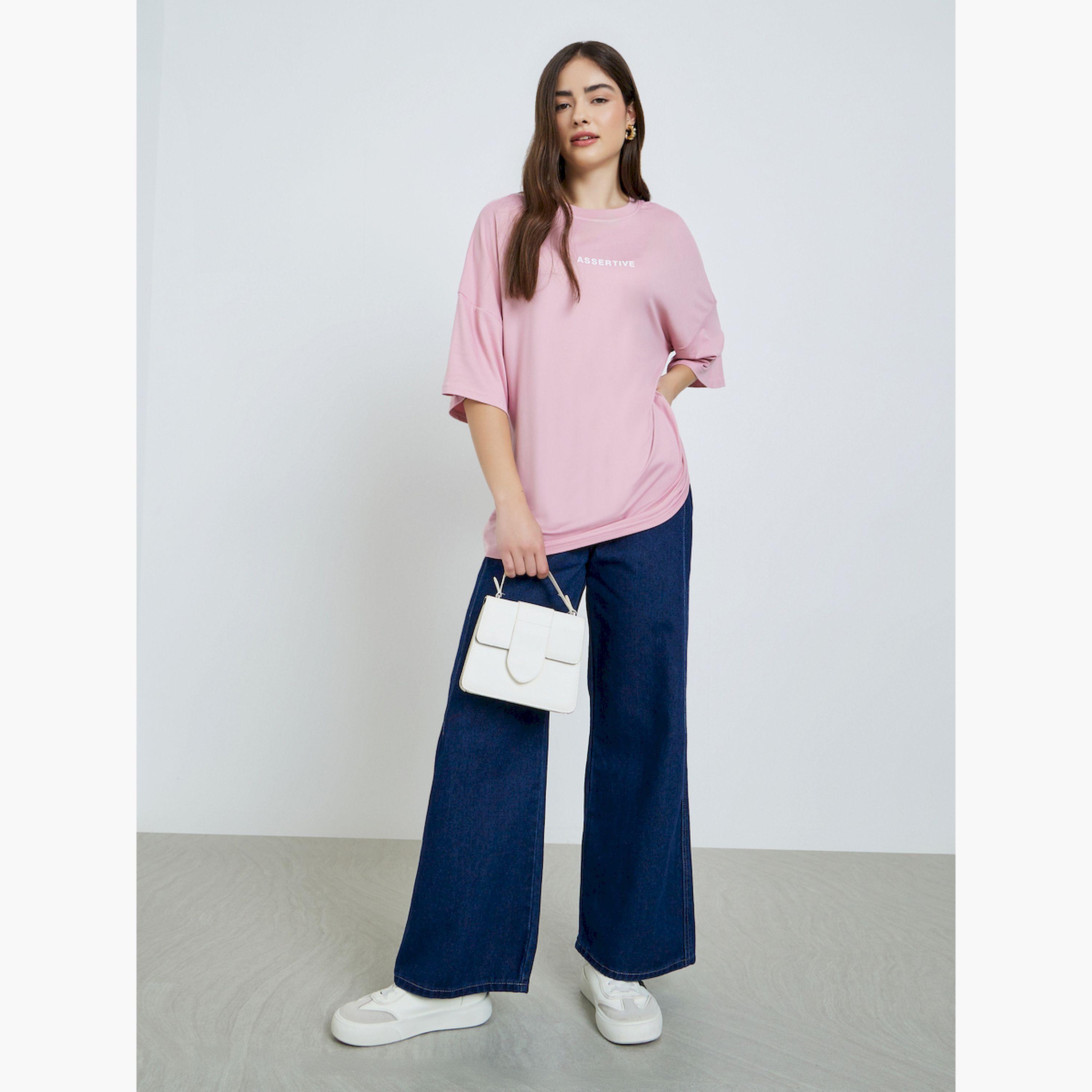 Styli Pink Oversized Slogan T-Shirt-women-clothing-tshirts-image-2