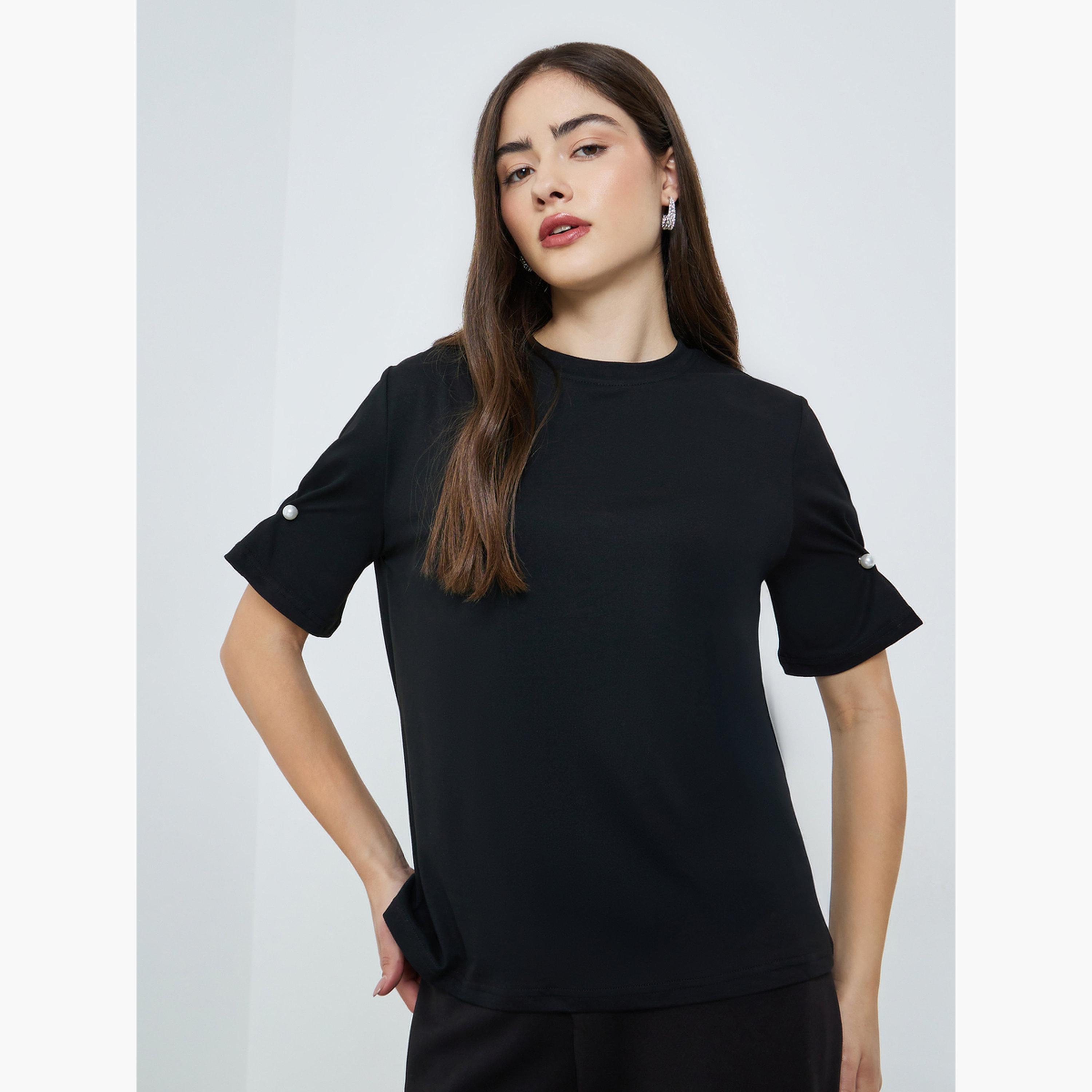 Styli Black Woven T-Shirt with Pearl Button Detail-women-clothing-tshirts-image-1