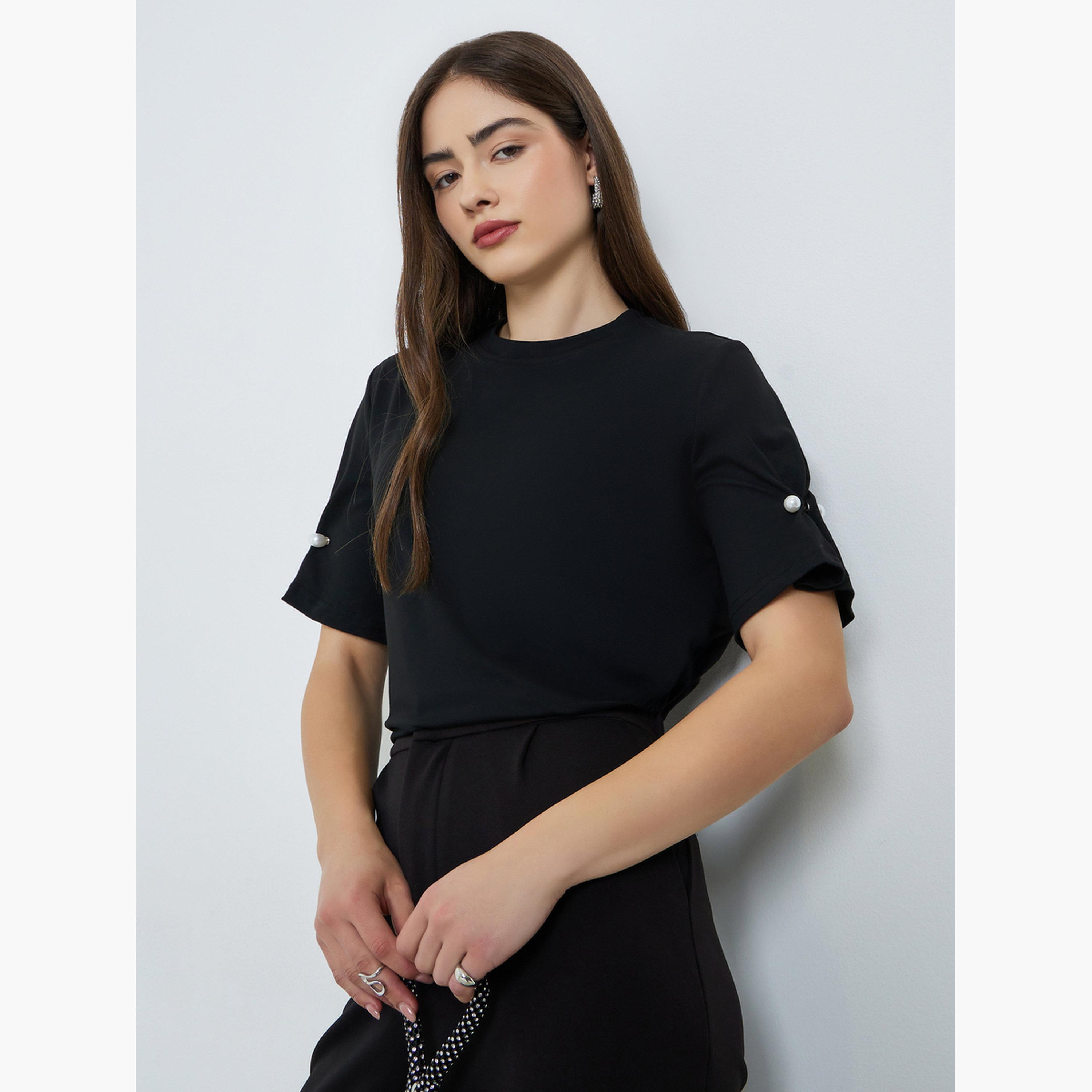 Styli Black Woven T-Shirt with Pearl Button Detail-women-clothing-tshirts-image-3