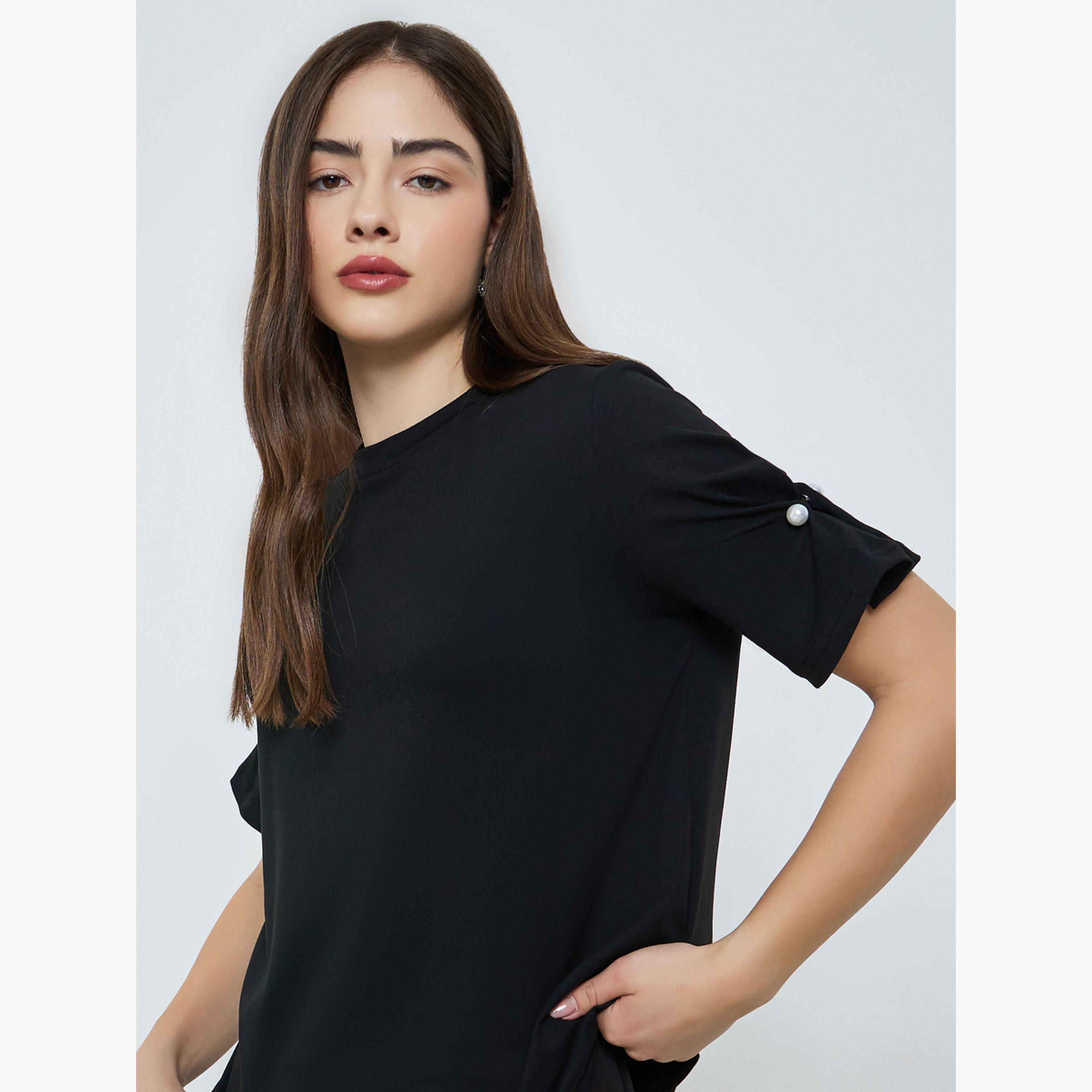 Styli Black Woven T-Shirt with Pearl Button Detail-women-clothing-tshirts-image-4