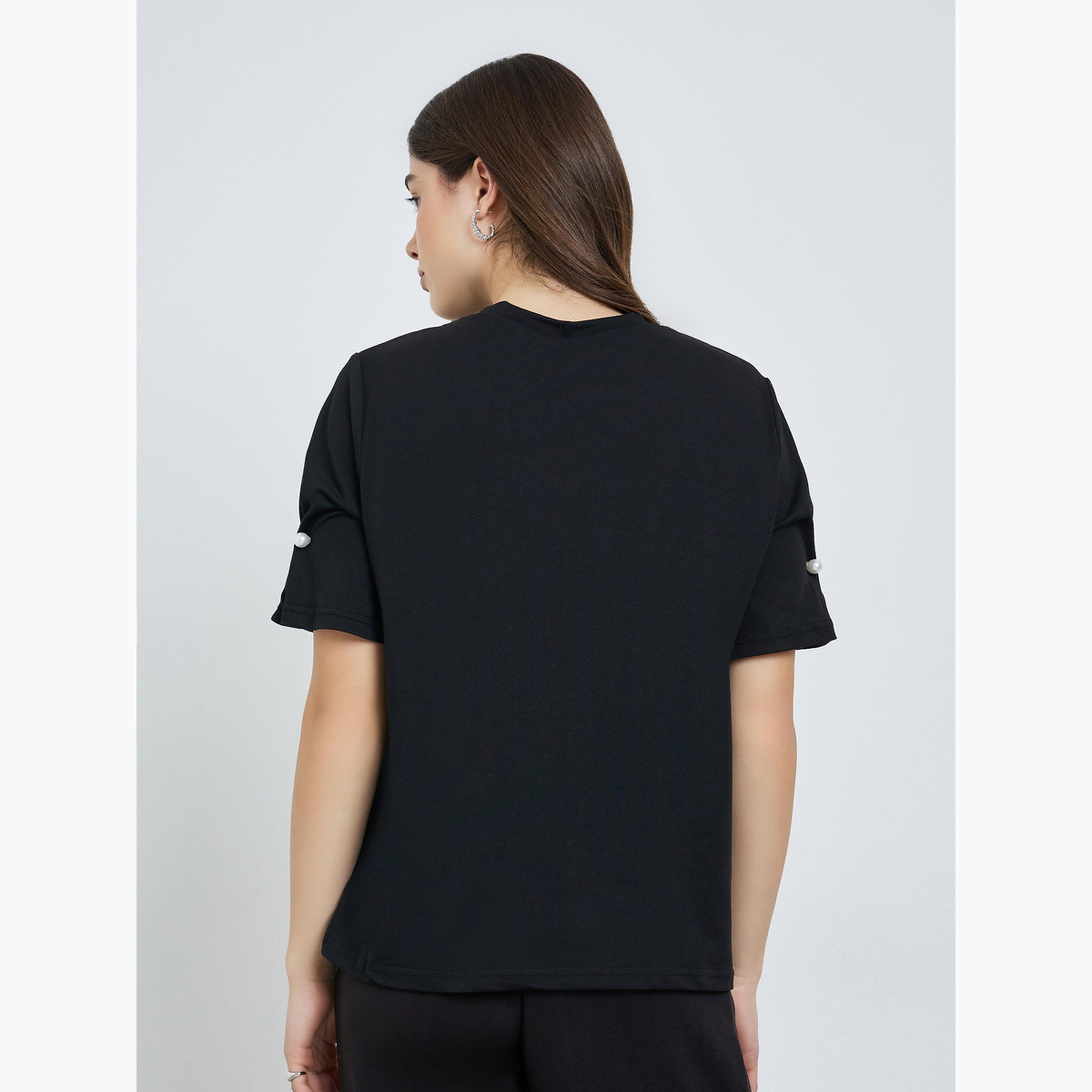 Styli Black Woven T-Shirt with Pearl Button Detail-women-clothing-tshirts-image-6