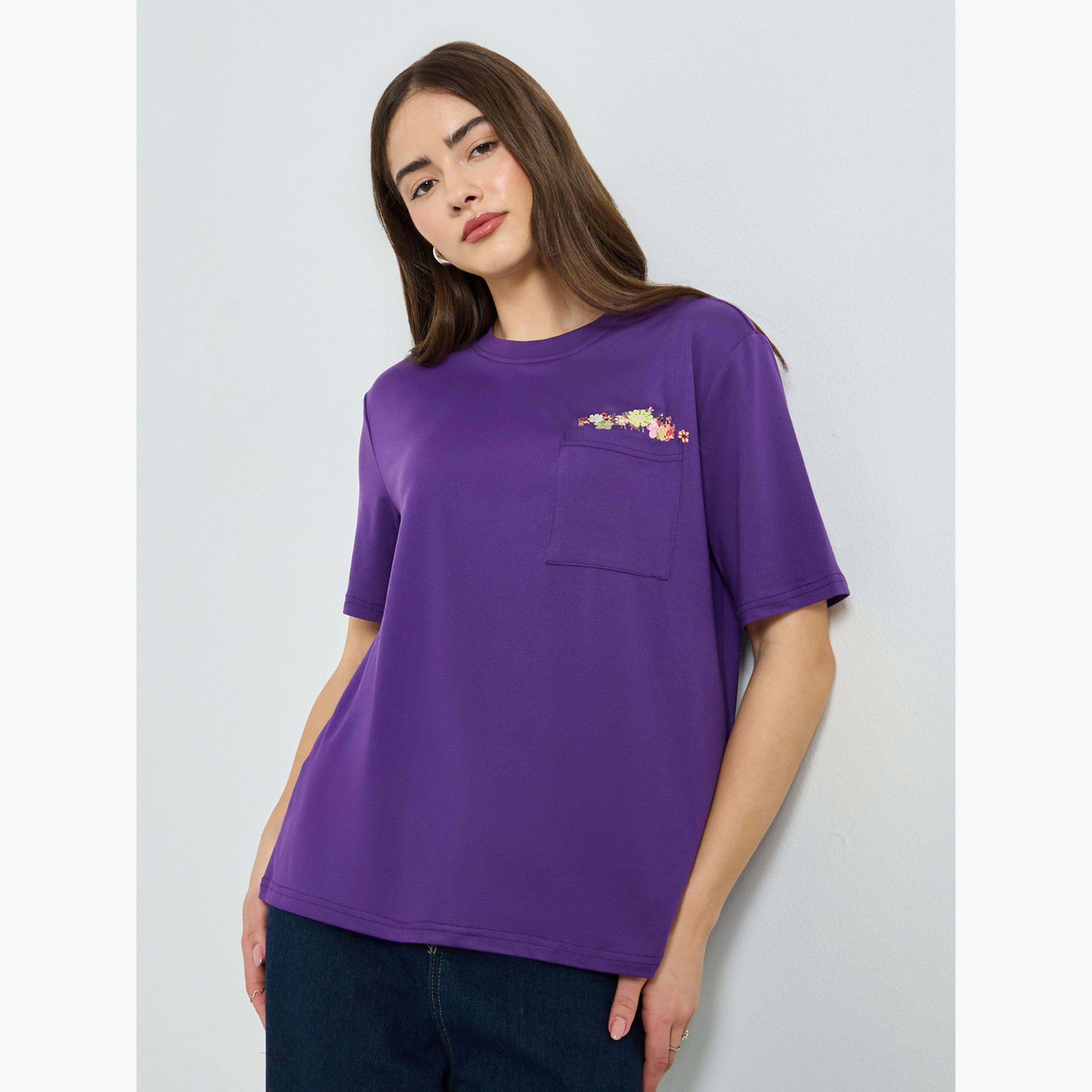 Styli Purple Floral Pocket Relaxed Fit T-Shirt-women-clothing-tshirts-image-1