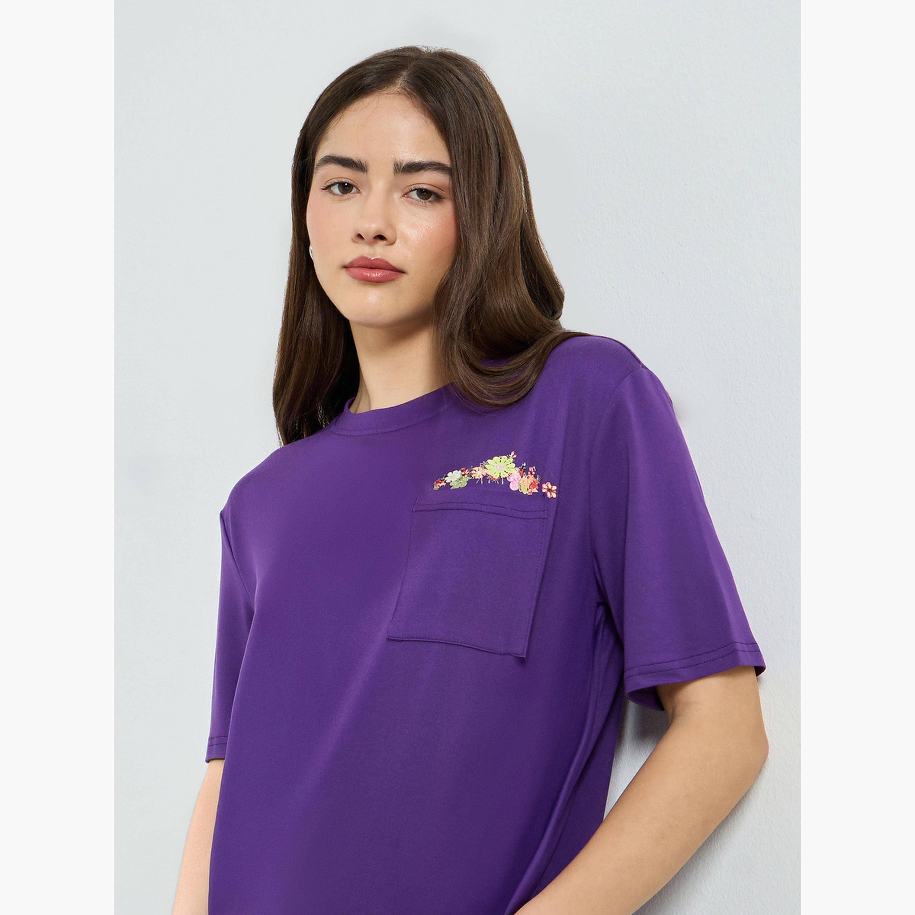 Styli Purple Floral Pocket Relaxed Fit T-Shirt-women-clothing-tshirts-image-3