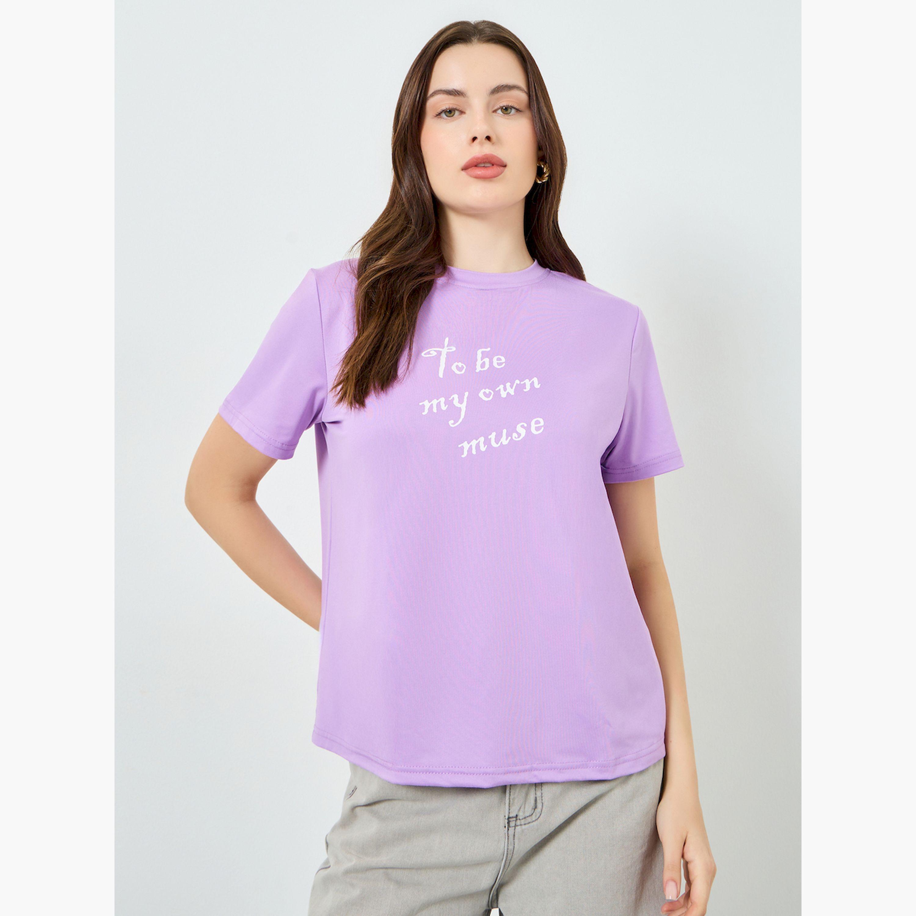 Styli Purple Slogan Print Regular Fit T-Shirt-women-clothing-tshirts-image-1