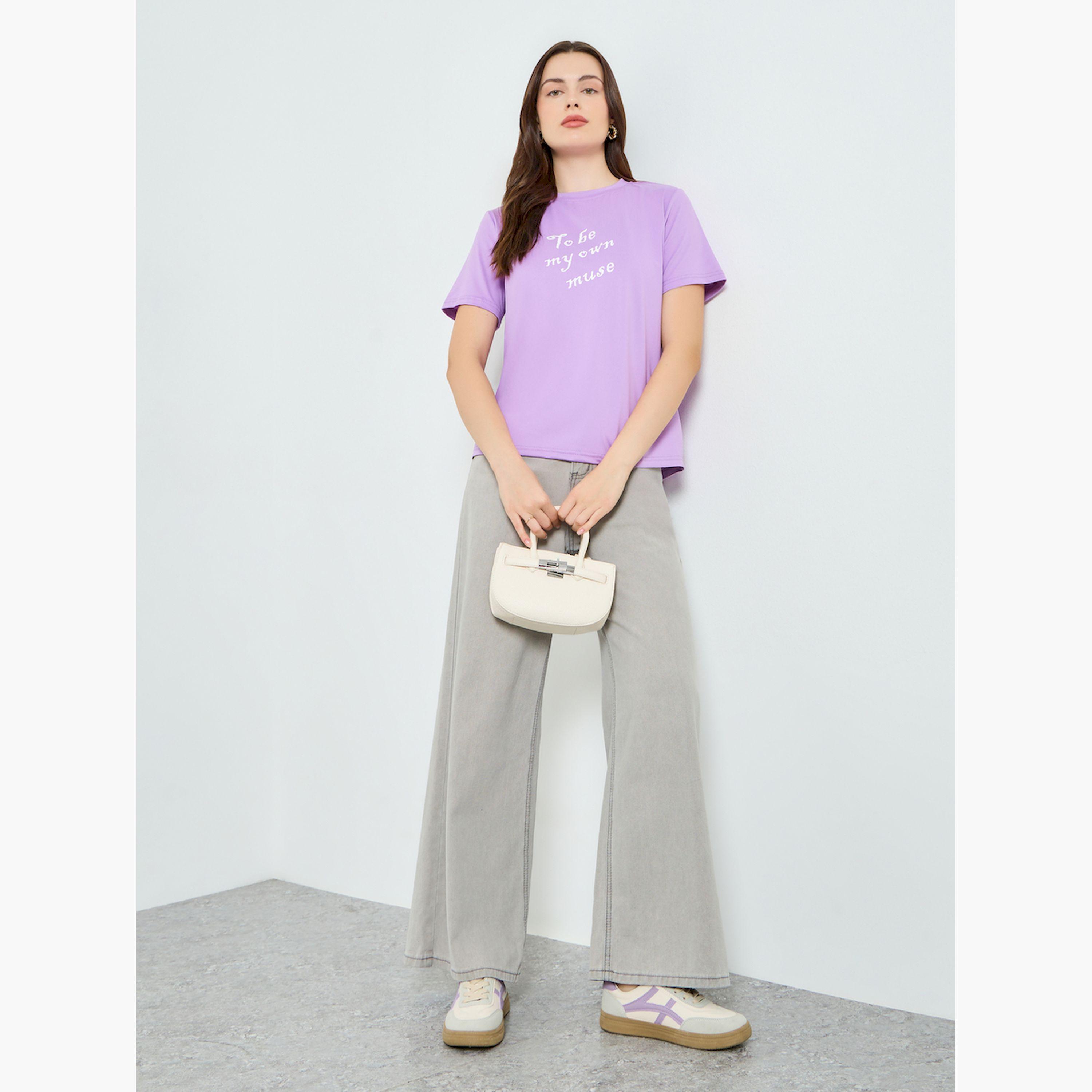 Styli Purple Slogan Print Regular Fit T-Shirt-women-clothing-tshirts-image-2