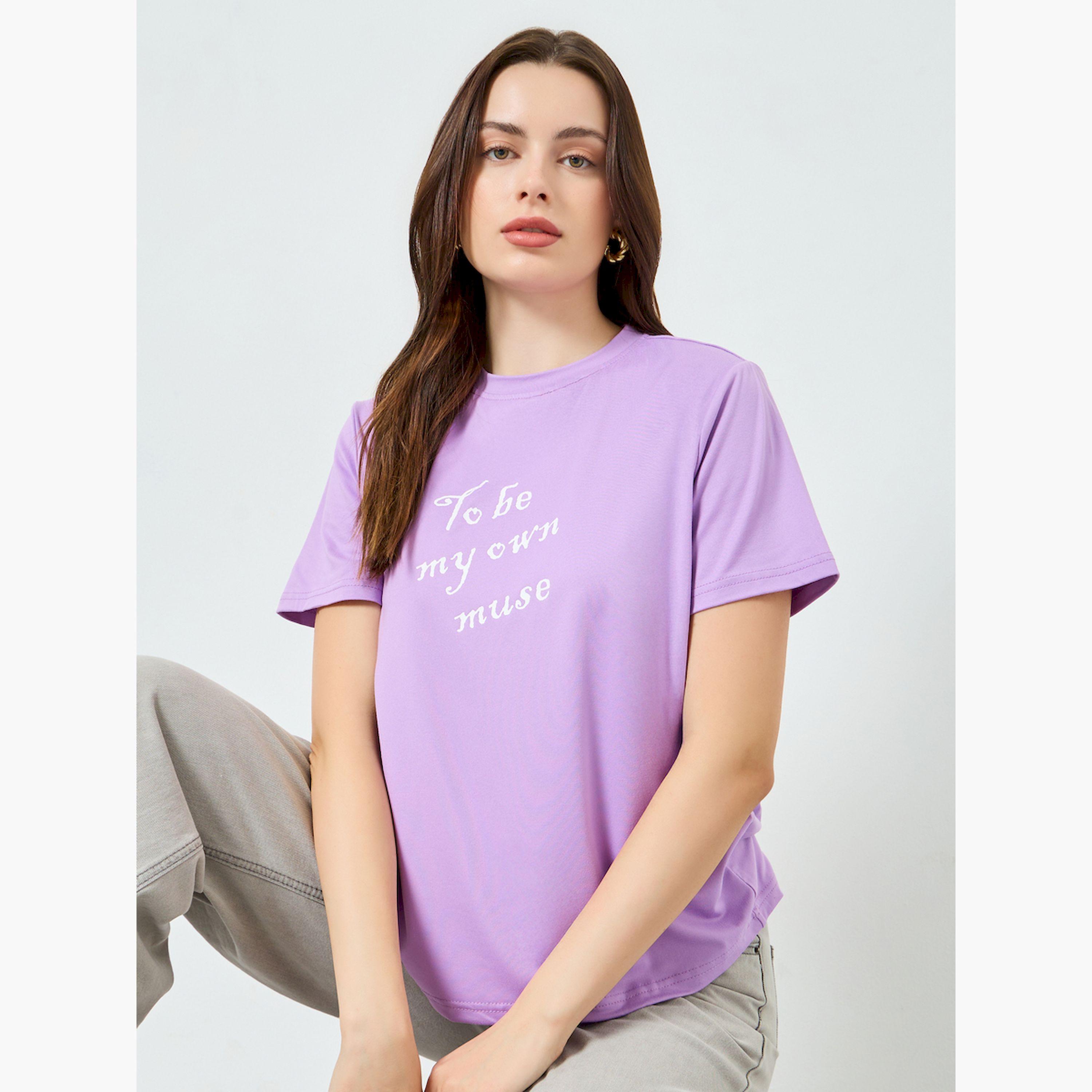 Styli Purple Slogan Print Regular Fit T-Shirt-women-clothing-tshirts-image-3