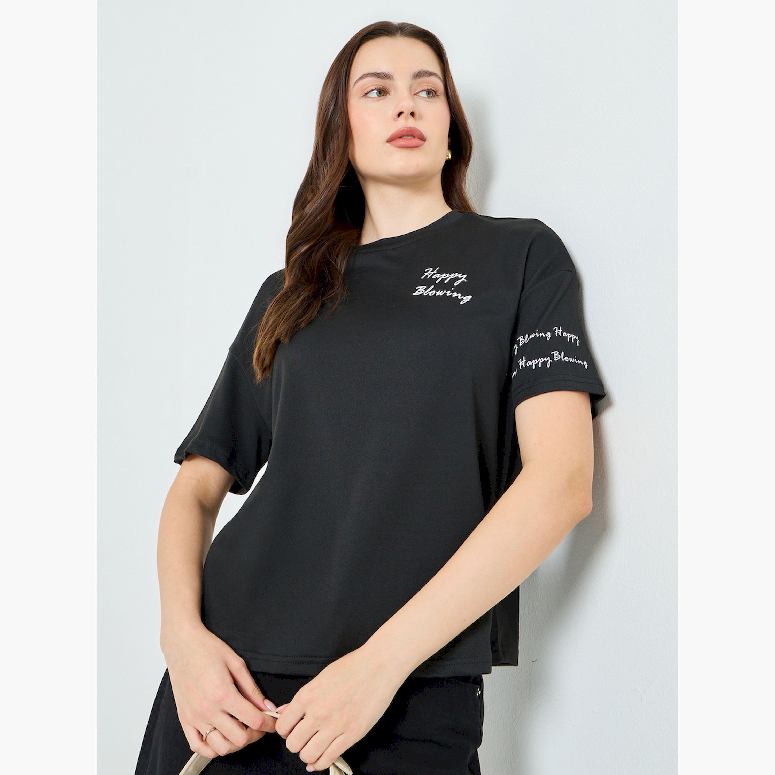 Styli Black Slogan Print Regular Fit T-Shirt-women-clothing-tshirts-image-1