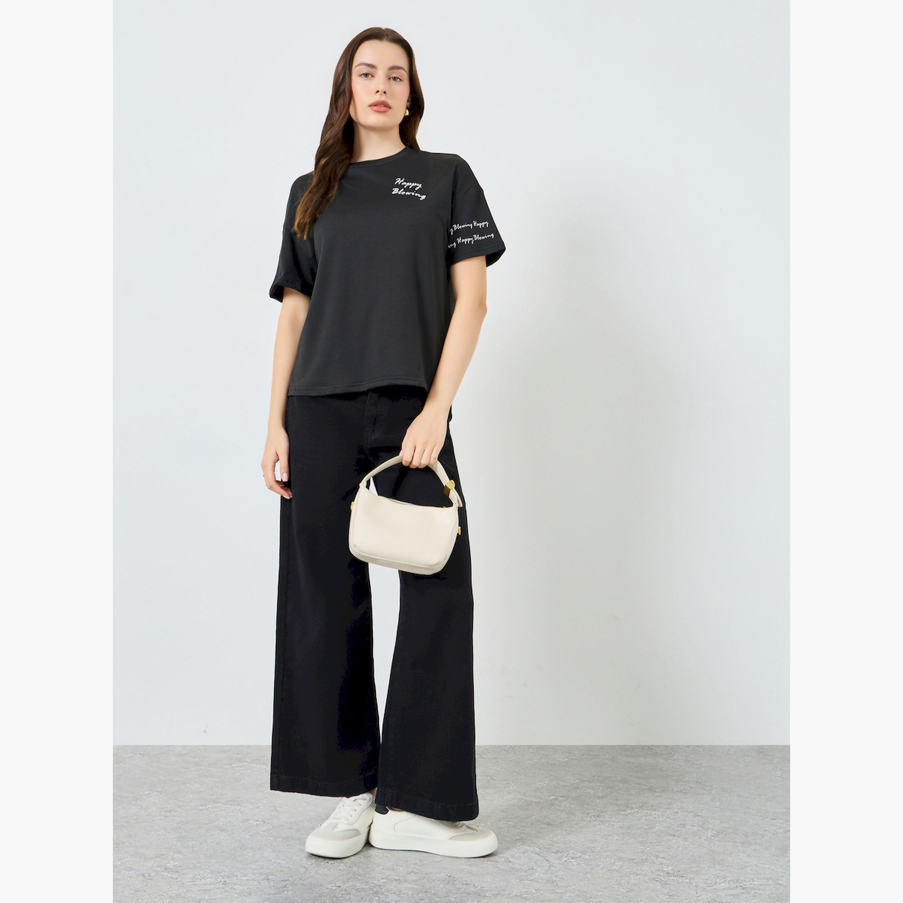 Styli Black Slogan Print Regular Fit T-Shirt-women-clothing-tshirts-image-2