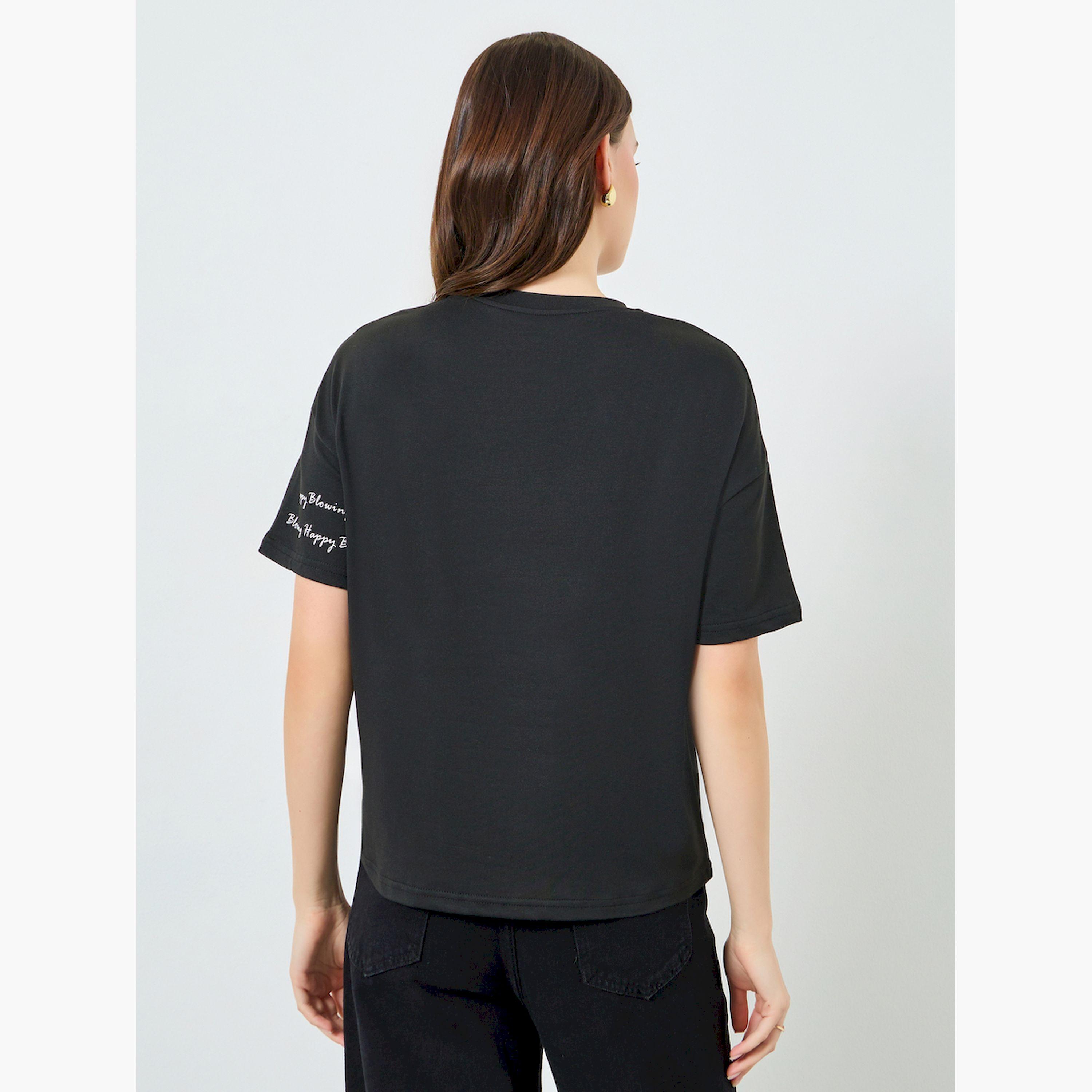 Styli Black Slogan Print Regular Fit T-Shirt-women-clothing-tshirts-image-3