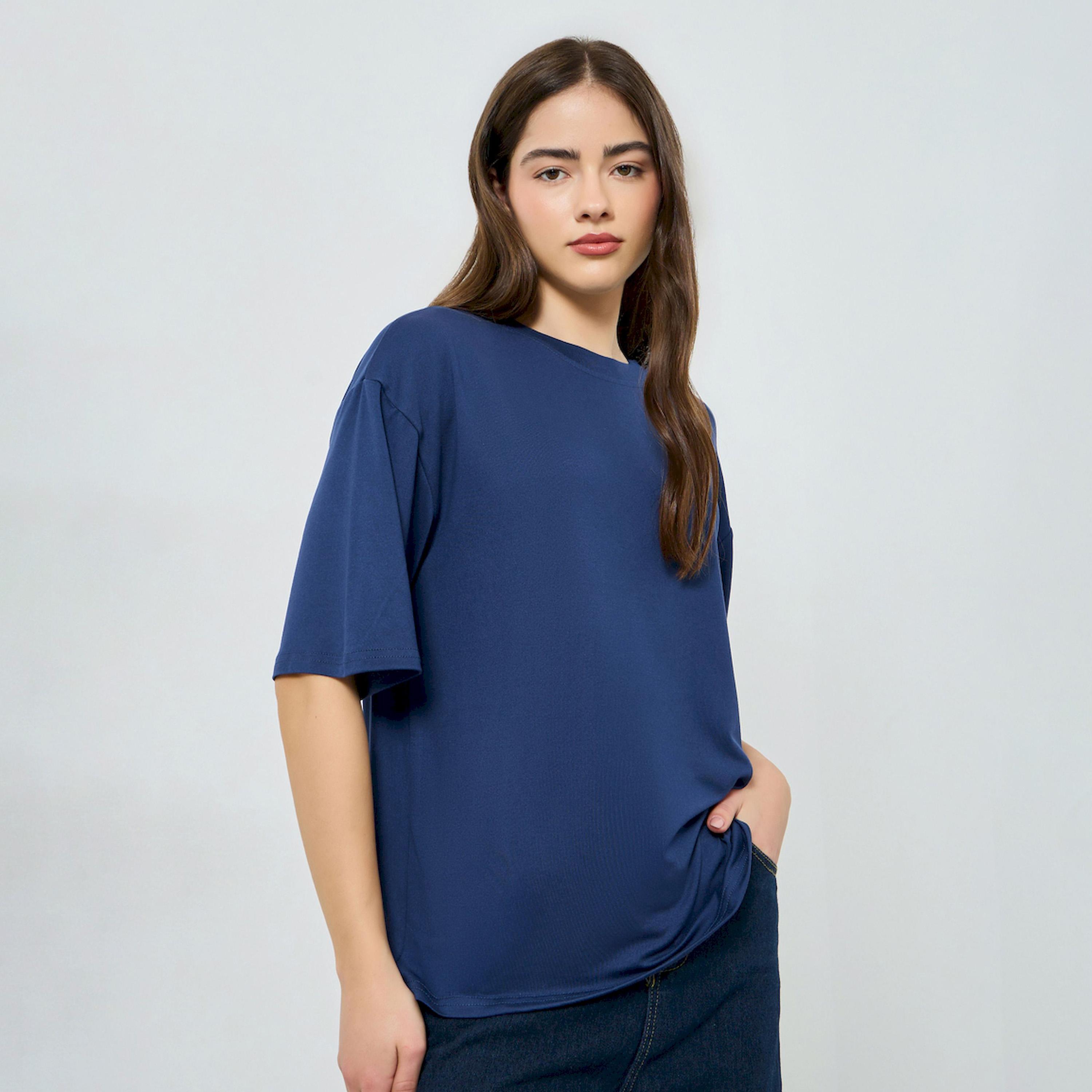 Styli Navy Blue Oversized Starry Night Graphic T-Shirt-women-clothing-tshirts-image-1