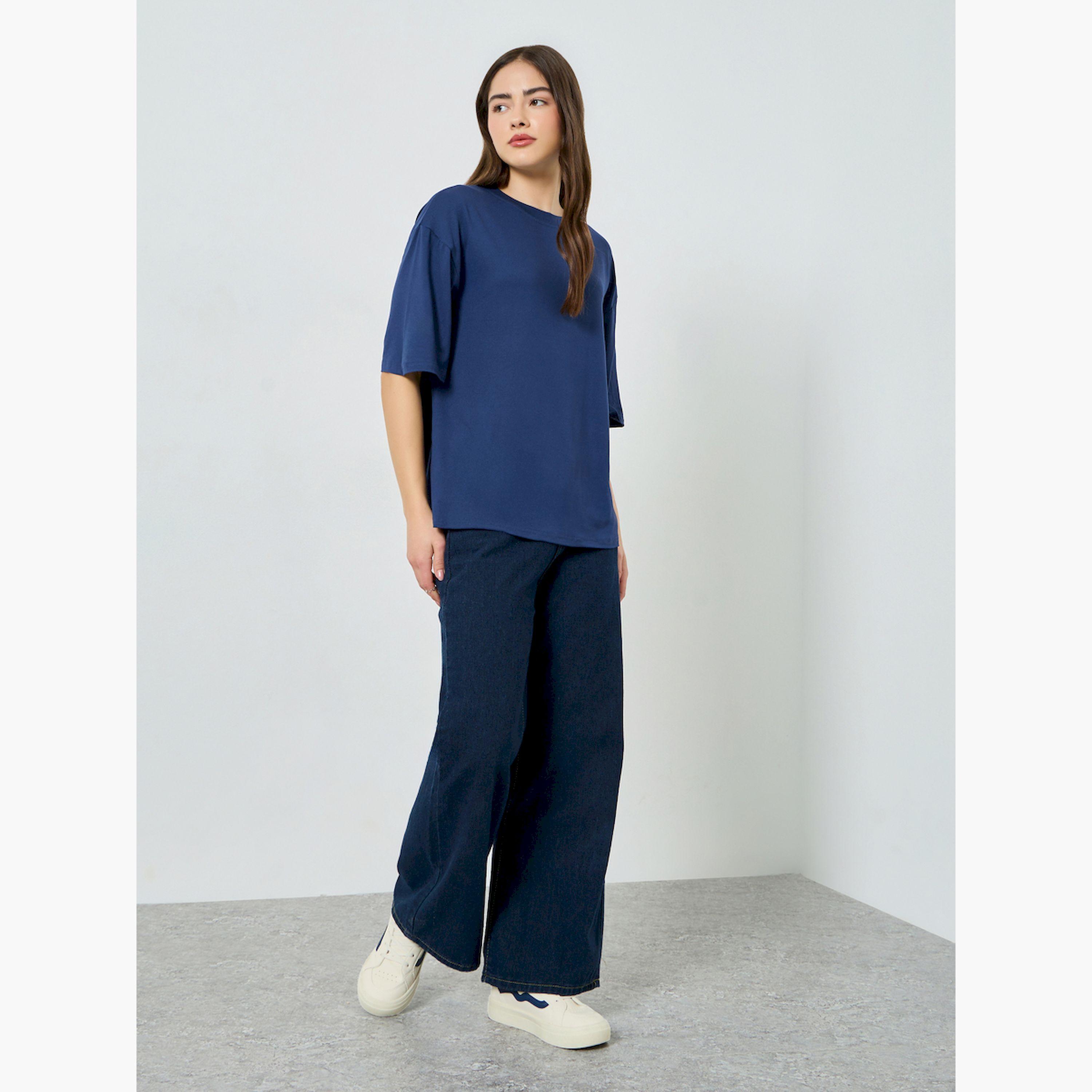 Styli Navy Blue Oversized Starry Night Graphic T-Shirt-women-clothing-tshirts-image-2