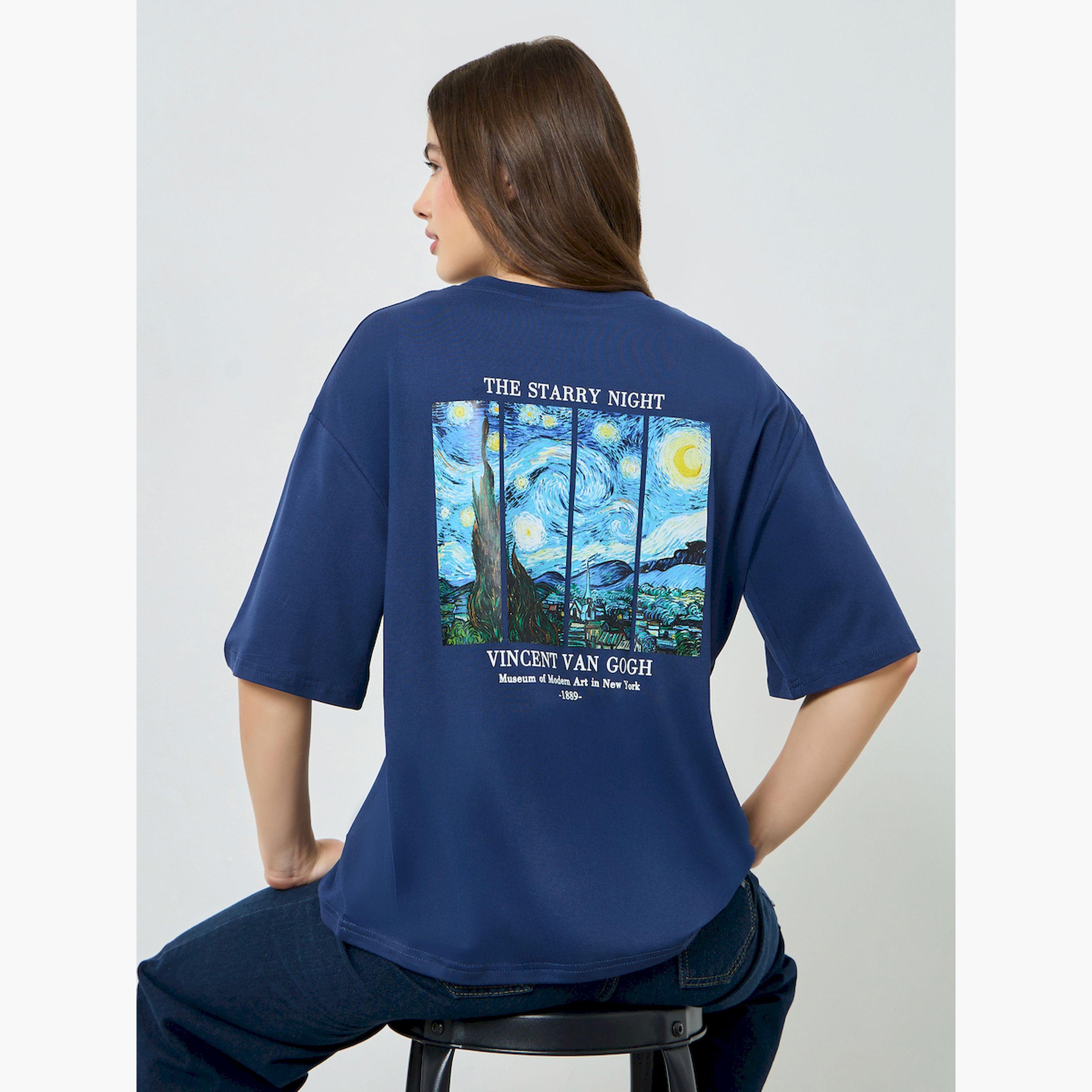 Styli Navy Blue Oversized Starry Night Graphic T-Shirt-women-clothing-tshirts-image-3