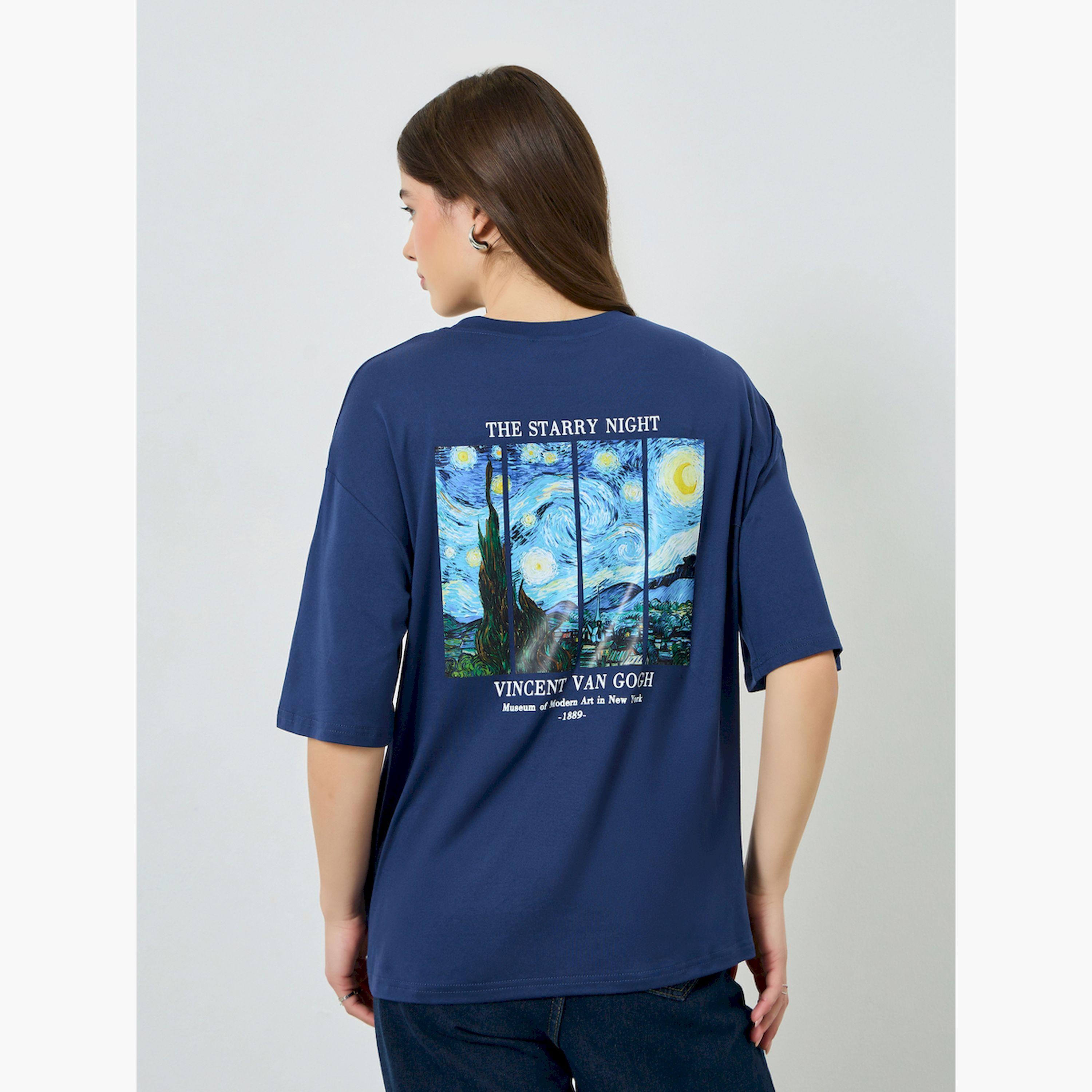 Styli Navy Blue Oversized Starry Night Graphic T-Shirt-women-clothing-tshirts-image-4