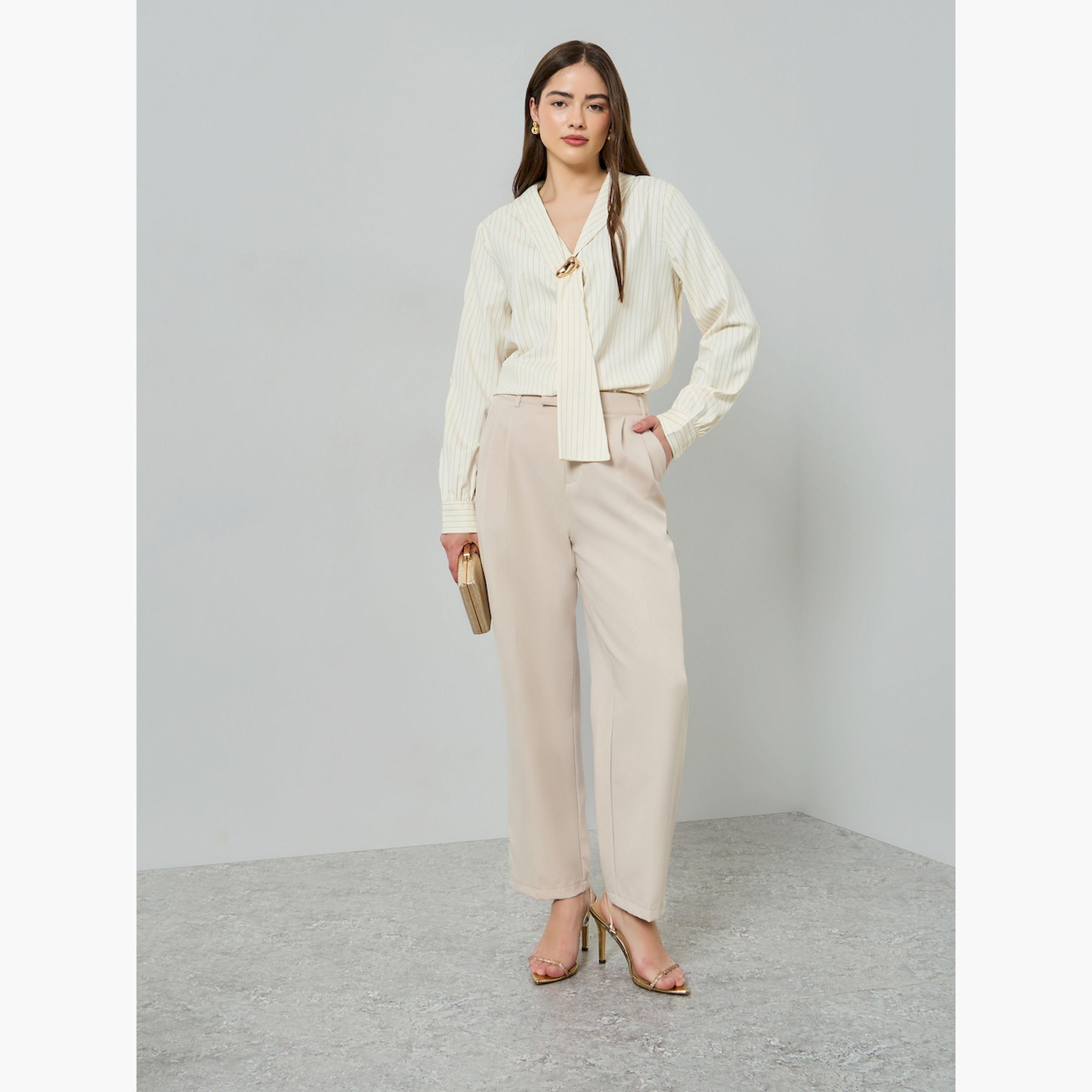 بلوزة مقلمة مزينة بإبزيم معدني-women-clothing-shirtsandblouses-blouses-image-2