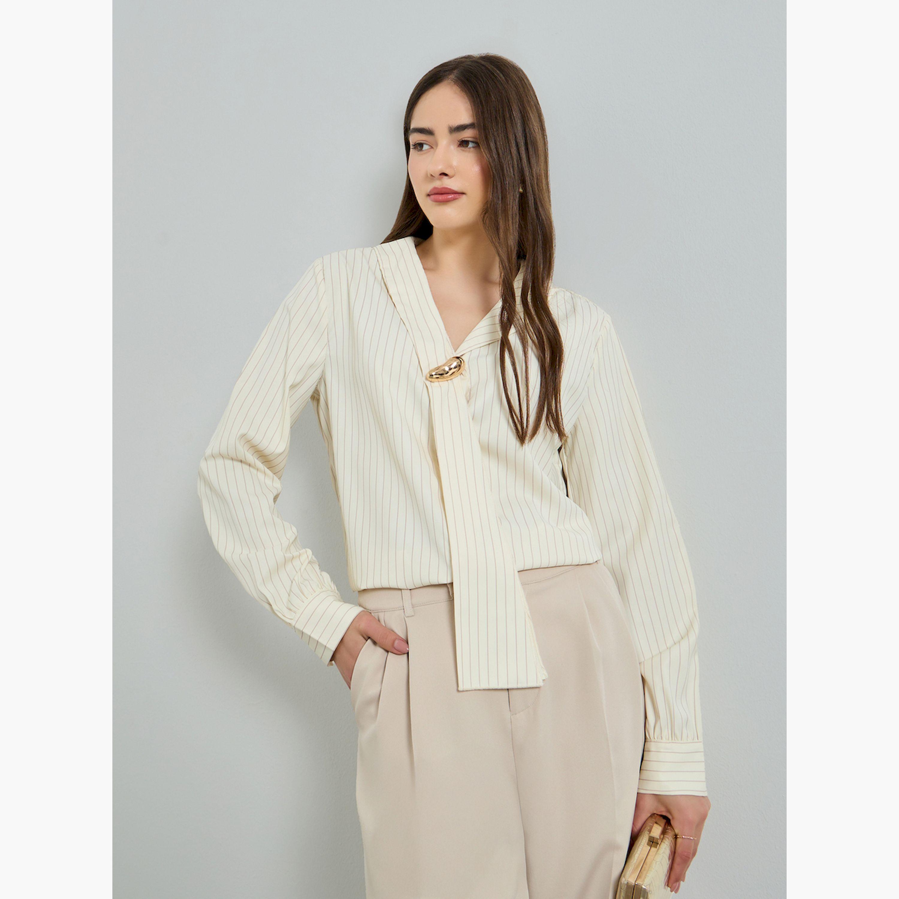 بلوزة مقلمة مزينة بإبزيم معدني-women-clothing-shirtsandblouses-blouses-image-3