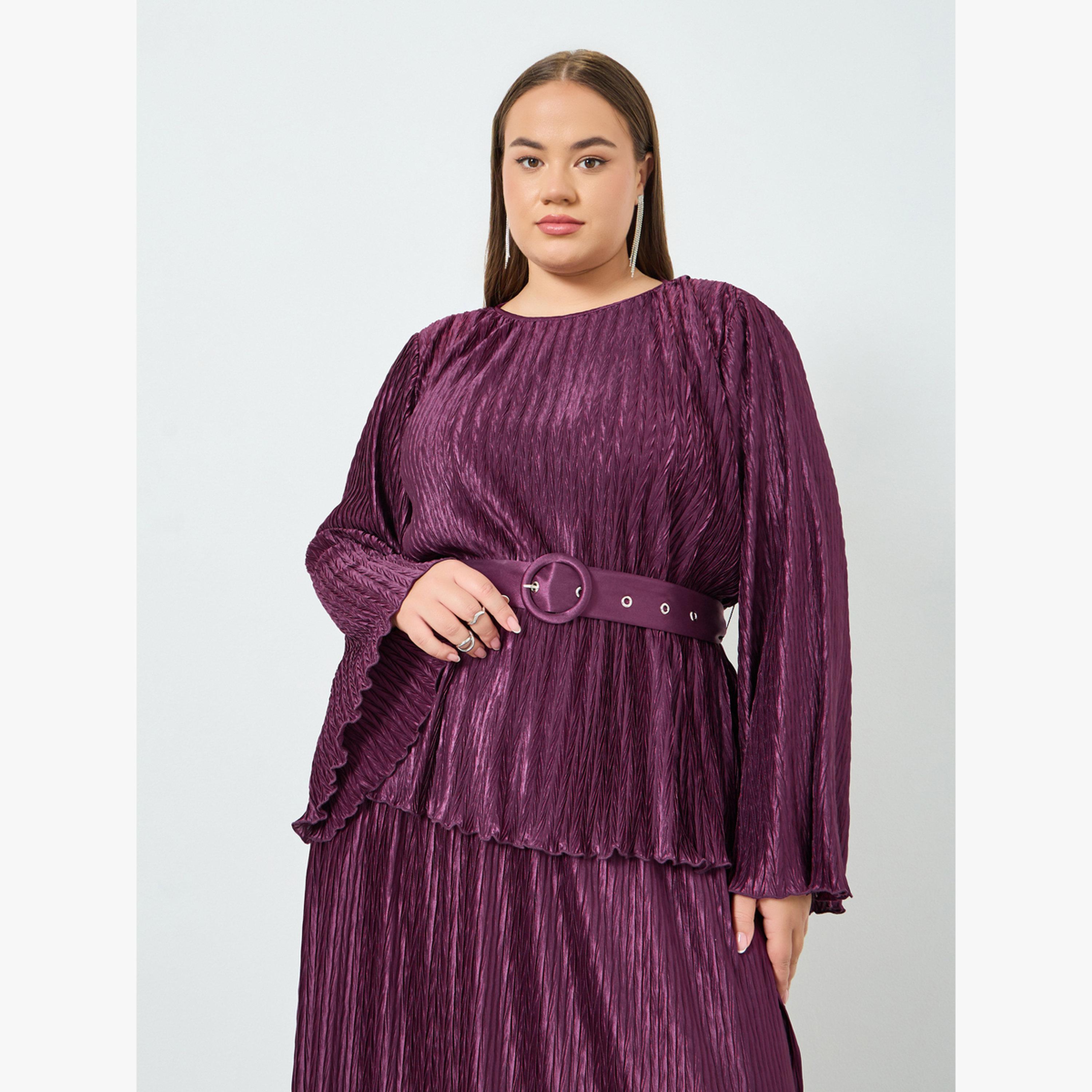 بلوزة بليسيه بمقاس كبير وحزام خصر-women-clothing-shirtsandblouses-blouses-image-1