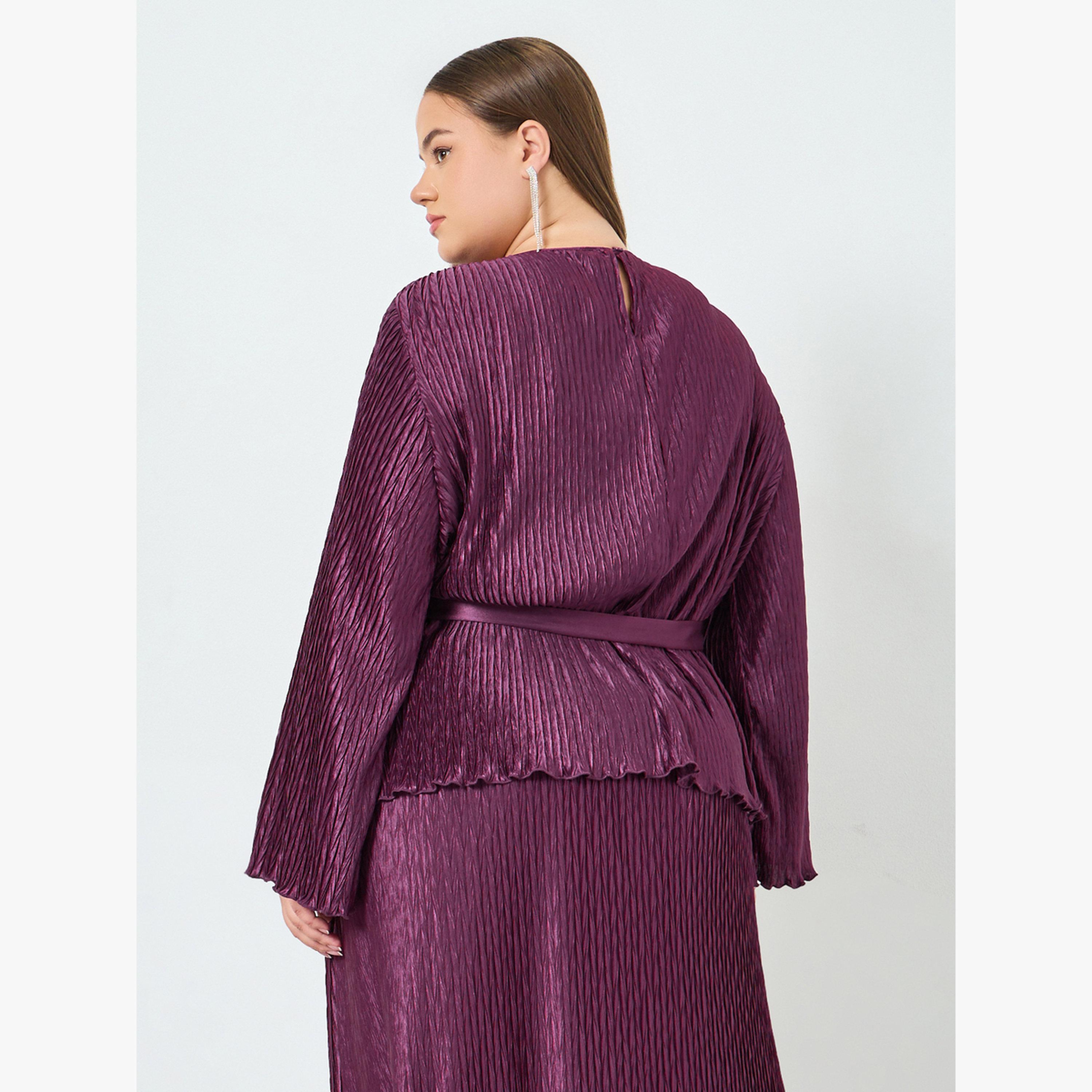بلوزة بليسيه بمقاس كبير وحزام خصر-women-clothing-shirtsandblouses-blouses-image-4