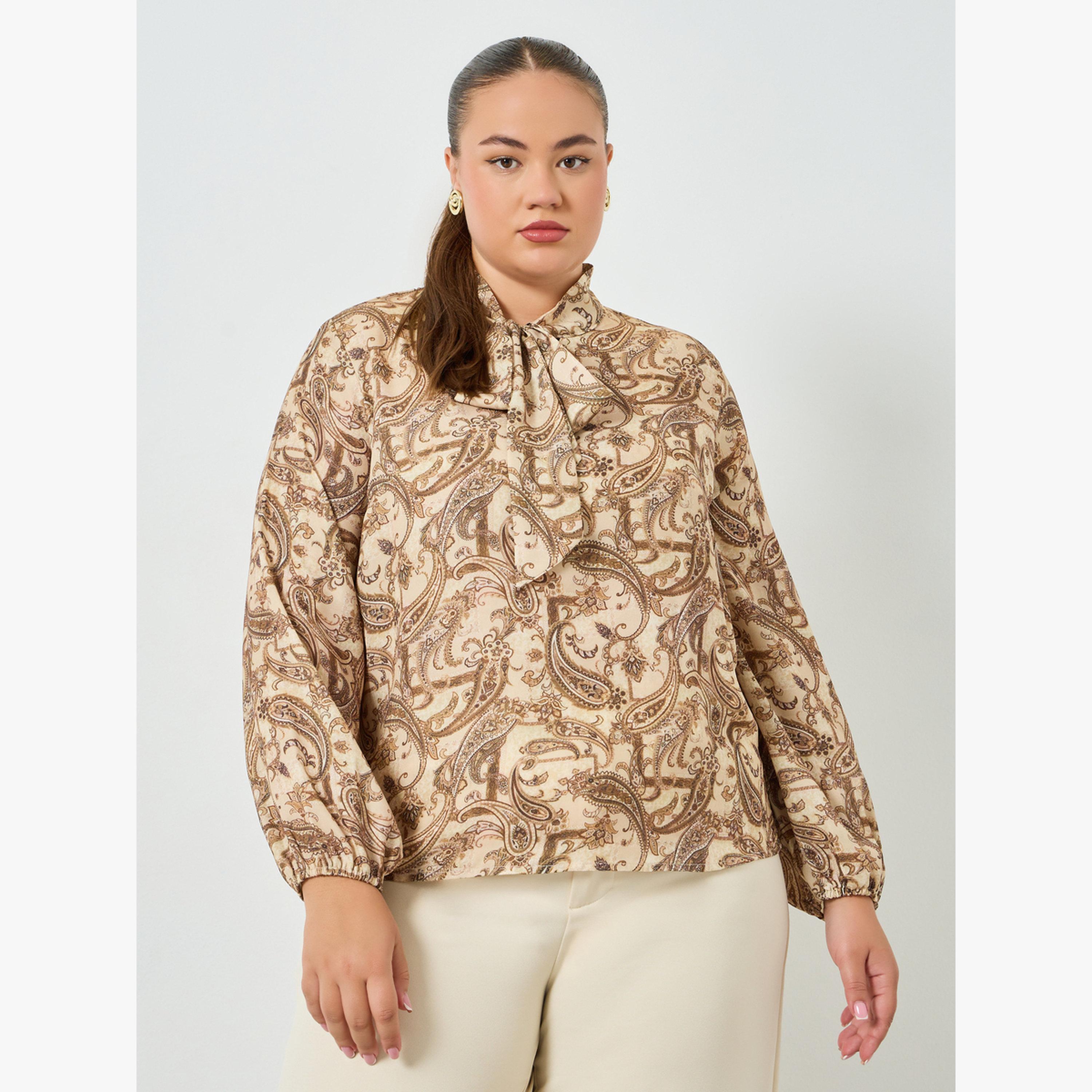 Styli Plus Size Paisley Print Tie-Up Neck Blouse-women-clothing-shirtsandblouses-blouses-image-1
