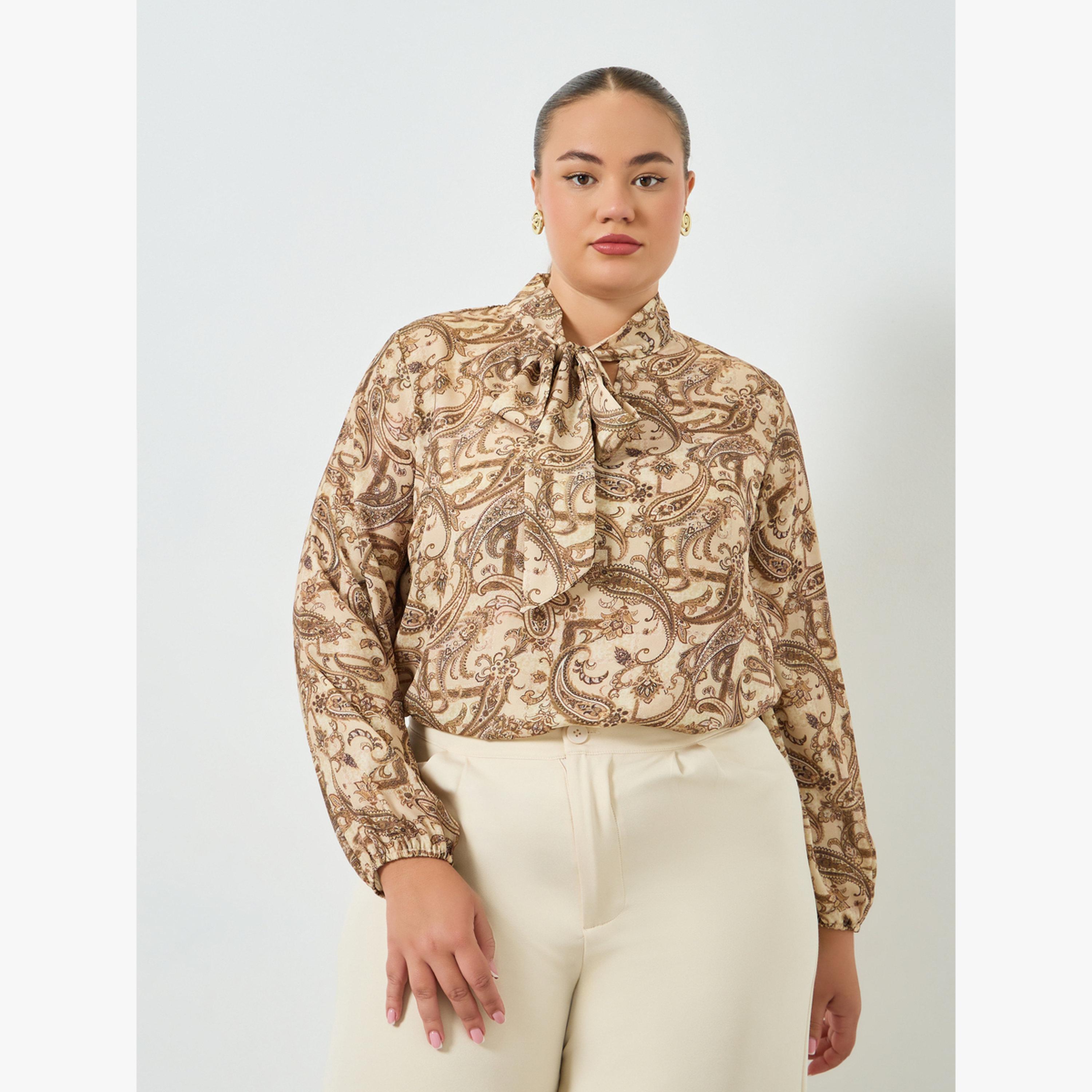 بلوزة مقاس كبير بطبعة بيزلي ورباط ياقة-women-clothing-shirtsandblouses-blouses-image-3