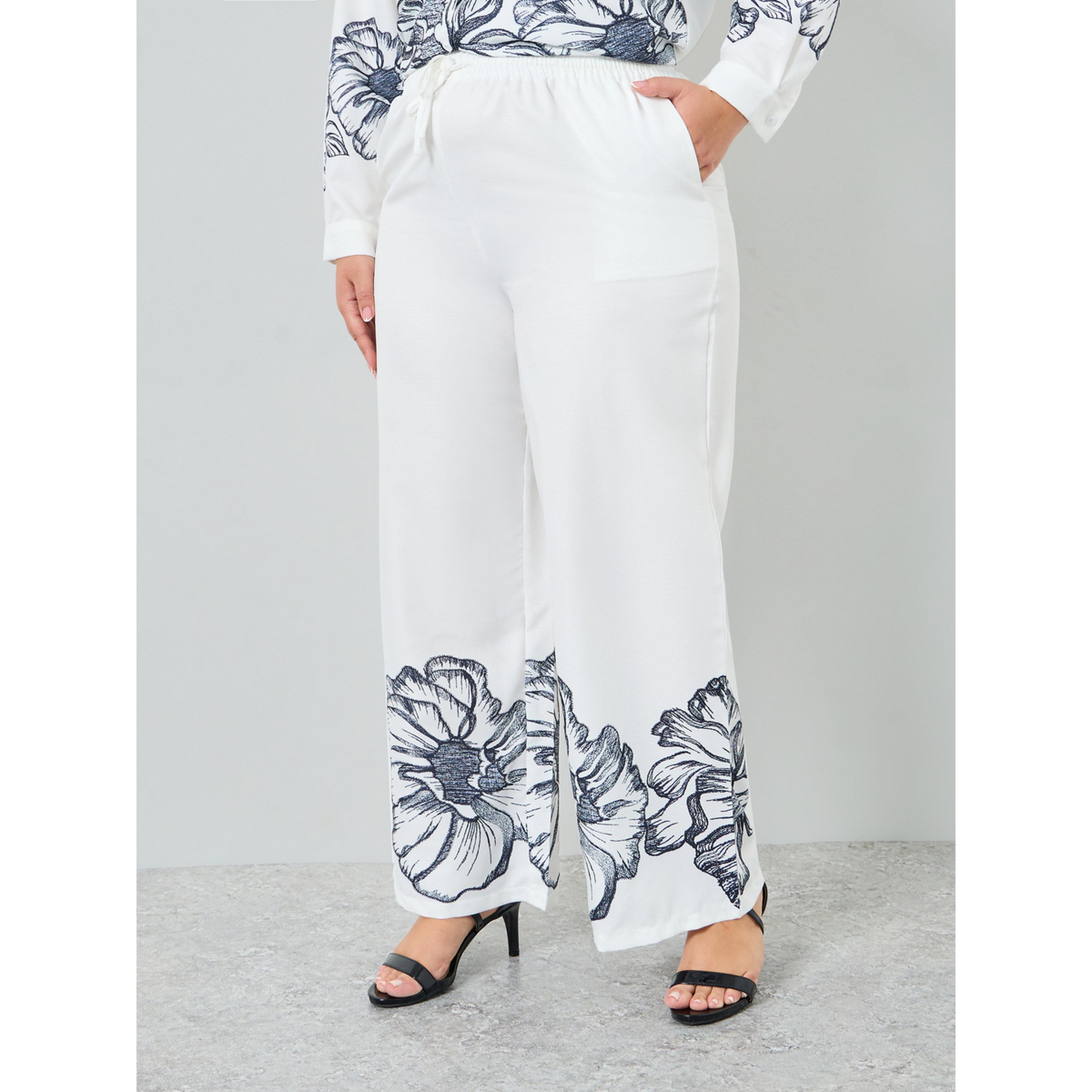 Styli Plus Size Off White Floral Wide Leg Trousers-women-clothing-bottoms-joggers-image-1