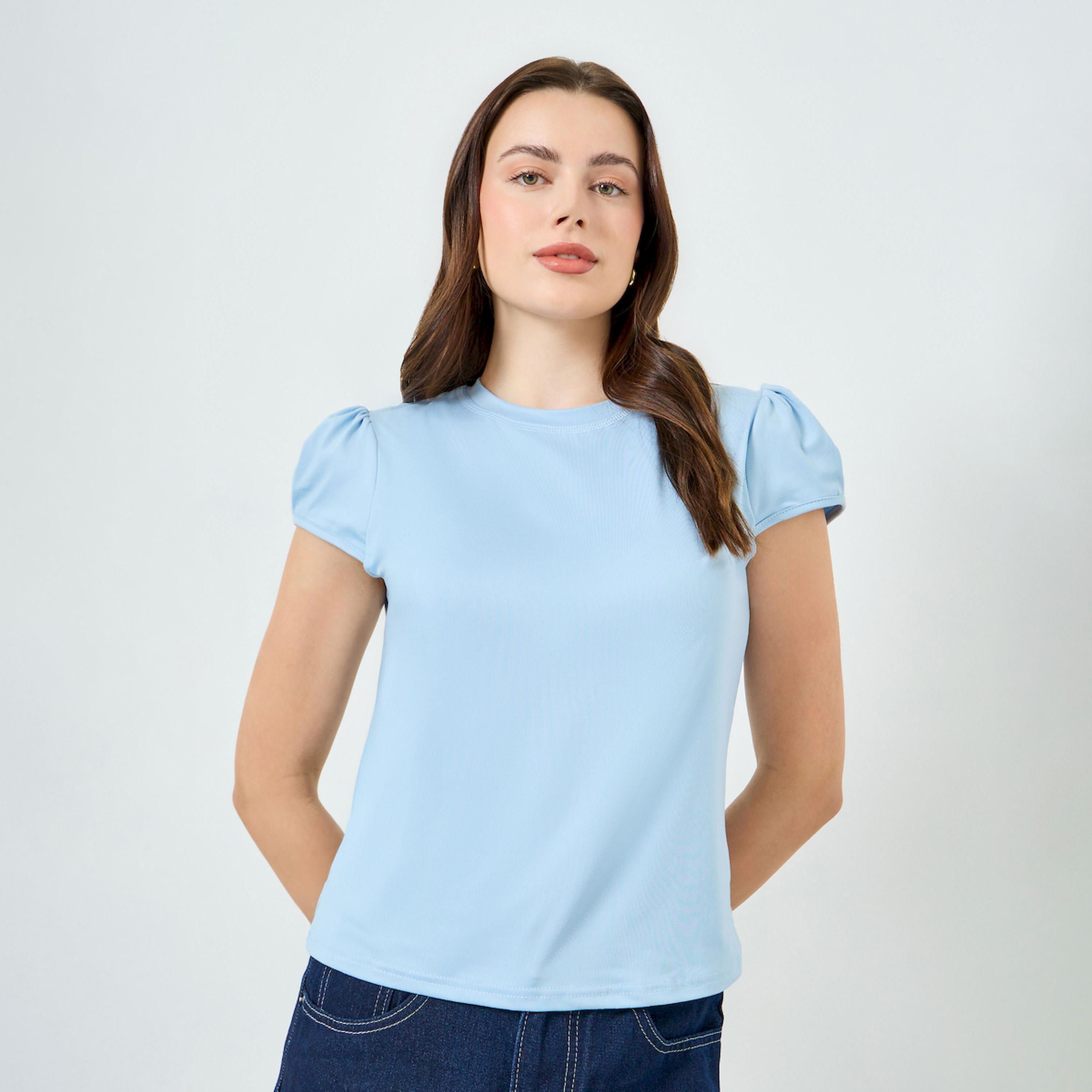 Styli Women Light Blue Puff Sleeve T-Shirt-women-clothing-tshirts-image-1