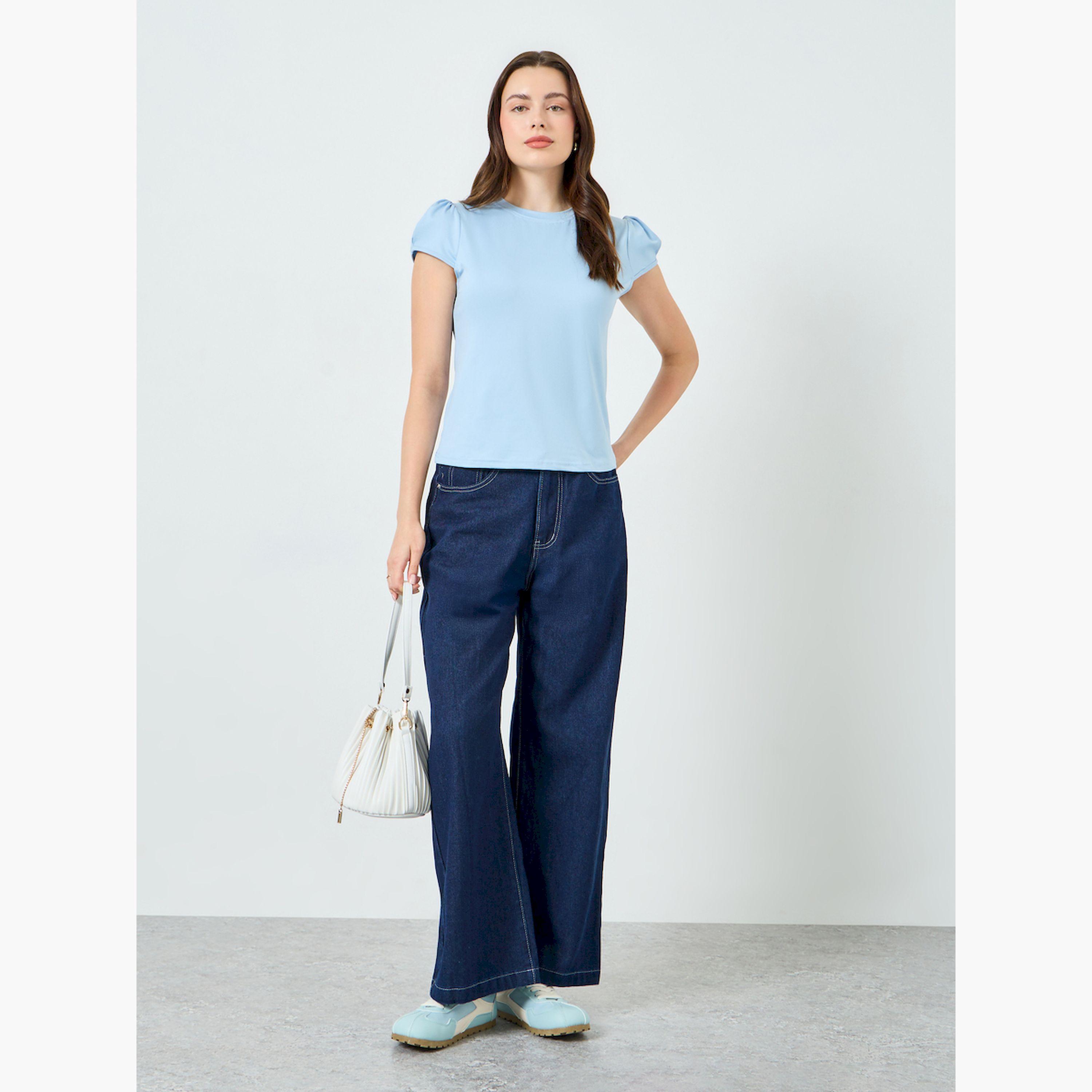 Styli Women Light Blue Puff Sleeve T-Shirt-women-clothing-tshirts-image-2