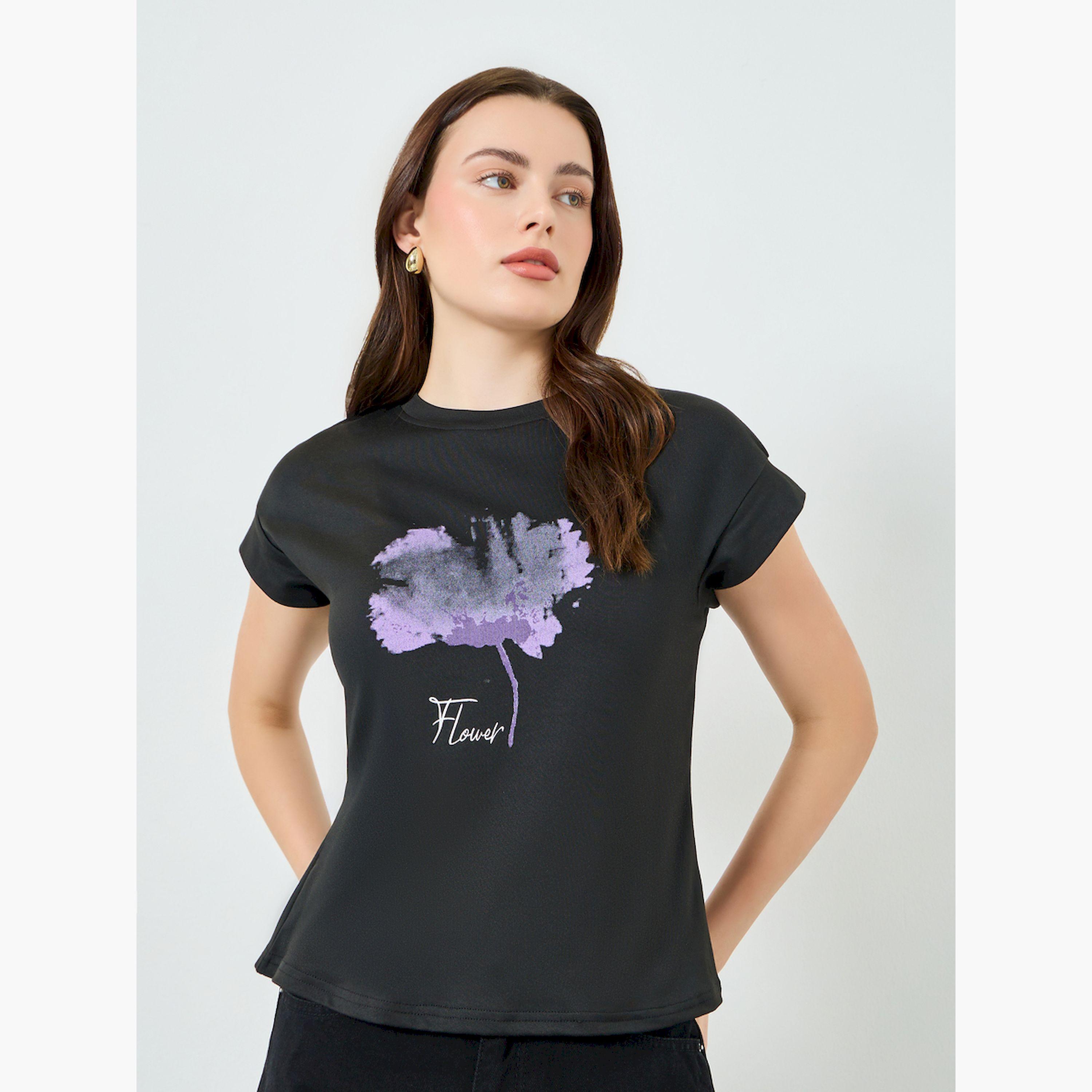 Styli Women Black Graphic Flower Print T-Shirt-women-clothing-tshirts-image-1