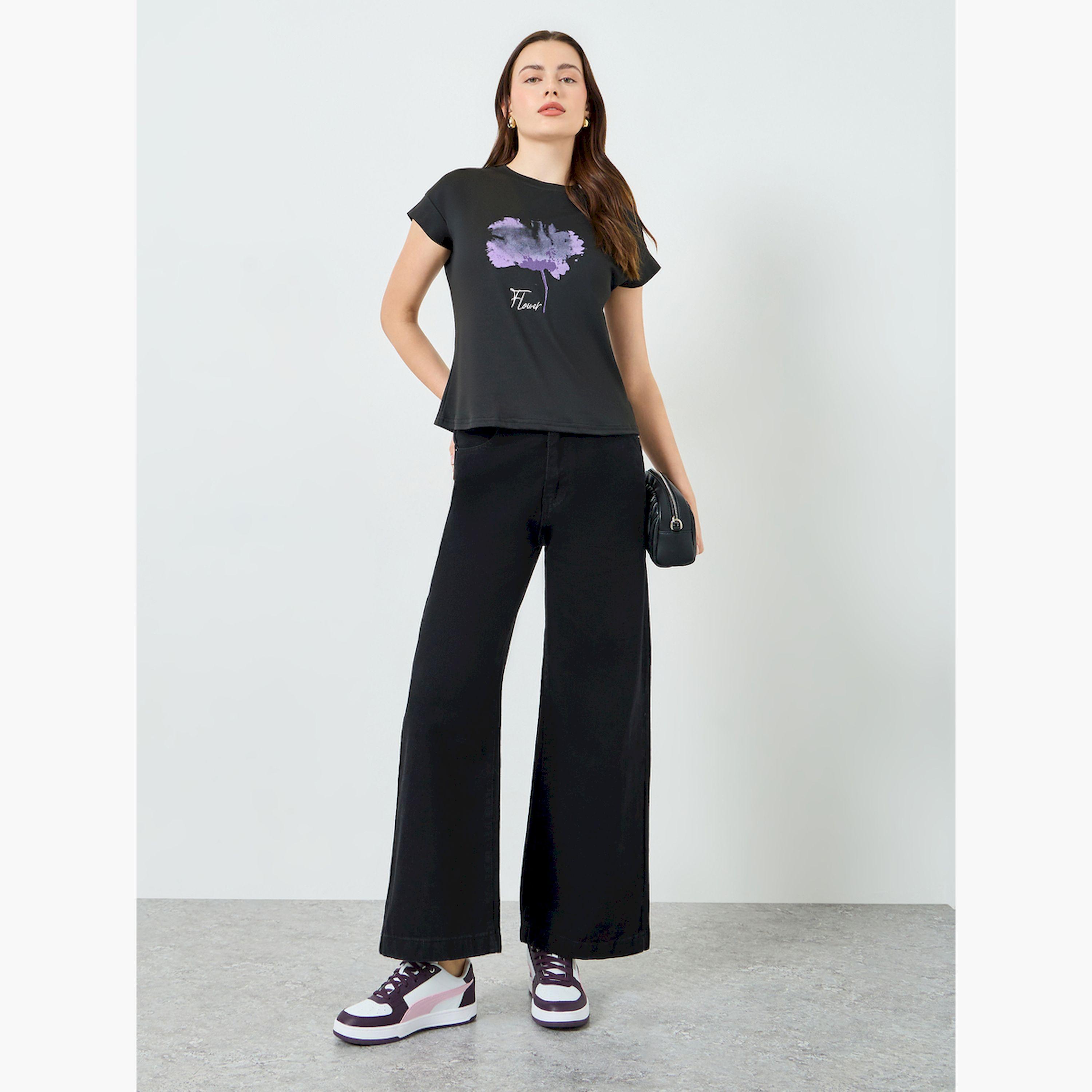 Styli Women Black Graphic Flower Print T-Shirt-women-clothing-tshirts-image-2