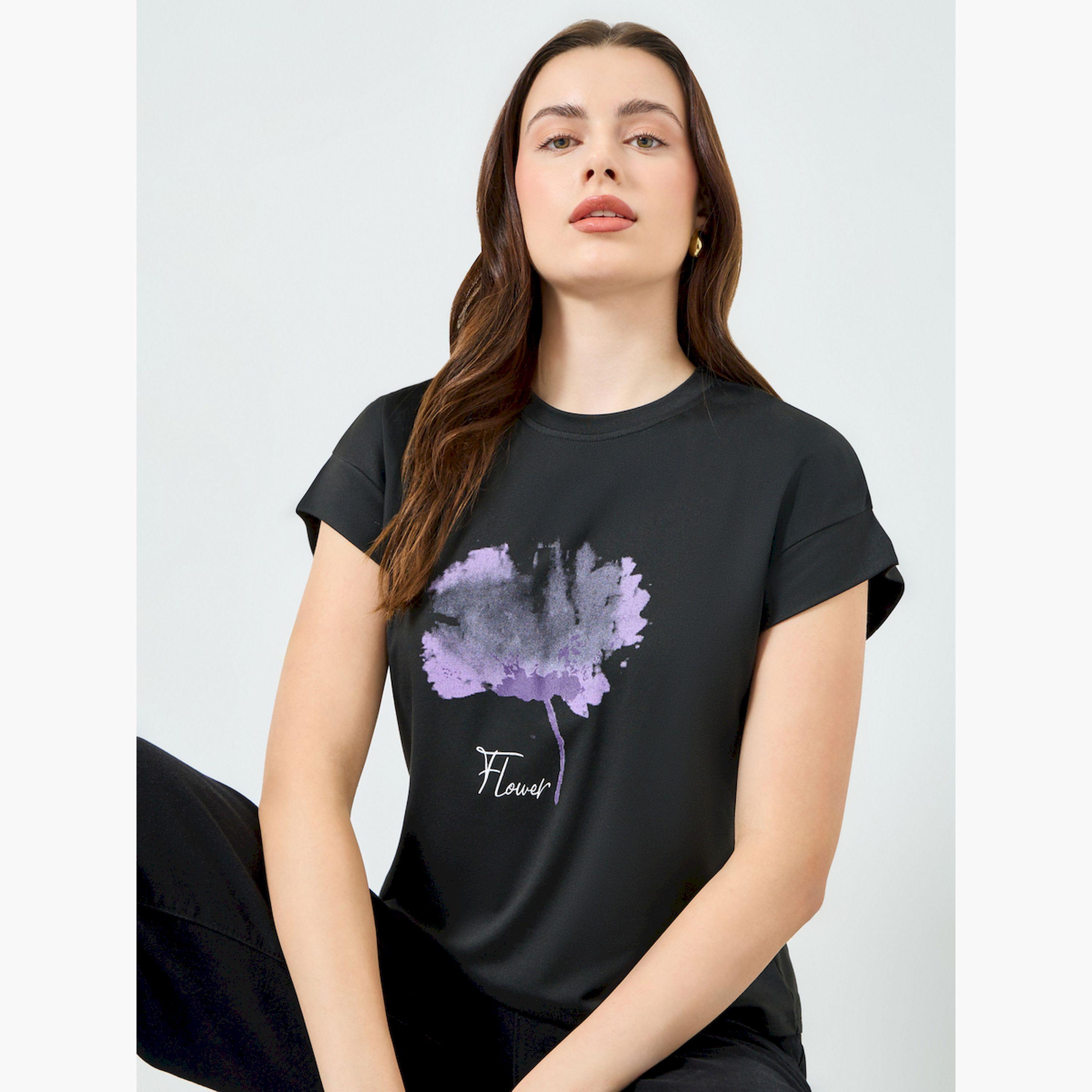 Styli Women Black Graphic Flower Print T-Shirt-women-clothing-tshirts-image-3
