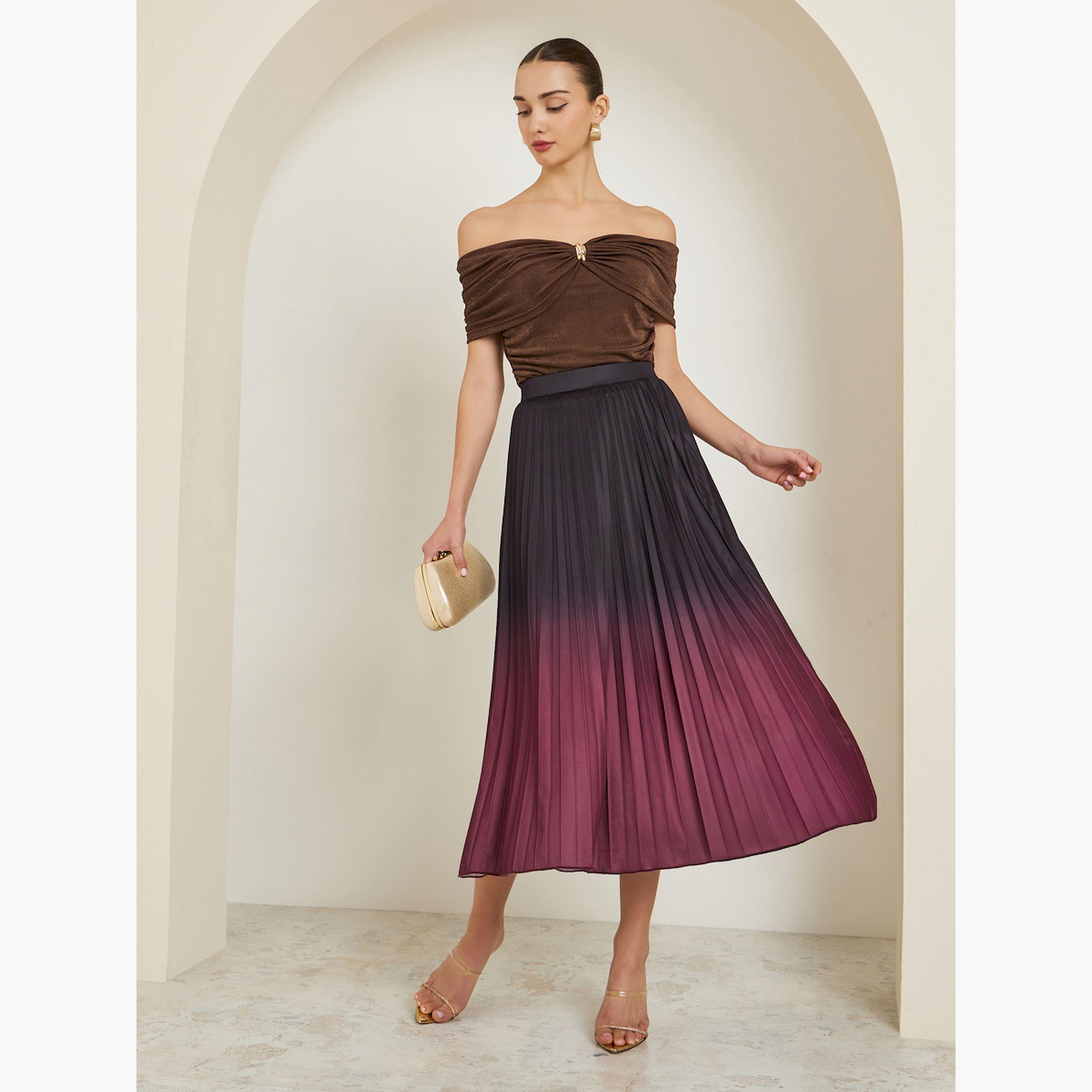 Styli Burgundy Ombre Pleated A-Line Midi Skirt-women-clothing-bottoms-skirts-image-2